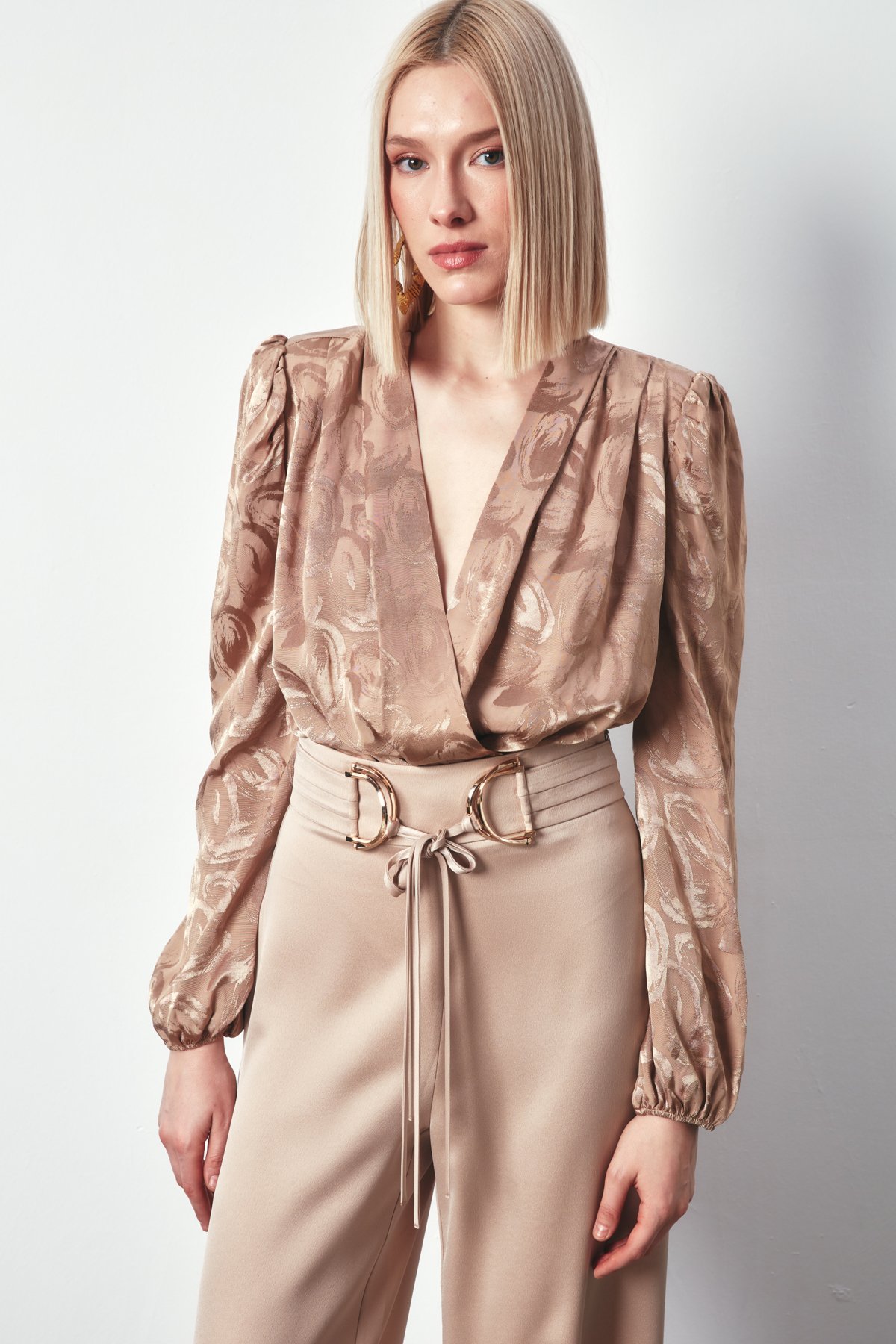 Desenli Kruvaze Bodysuit - VİZON