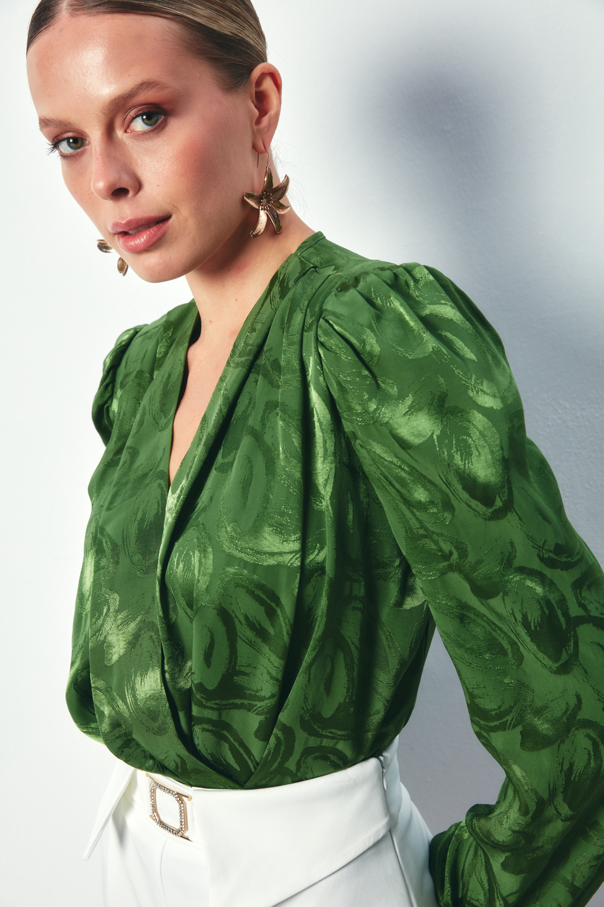 Desenli Kruvaze Bodysuit - YEŞİL