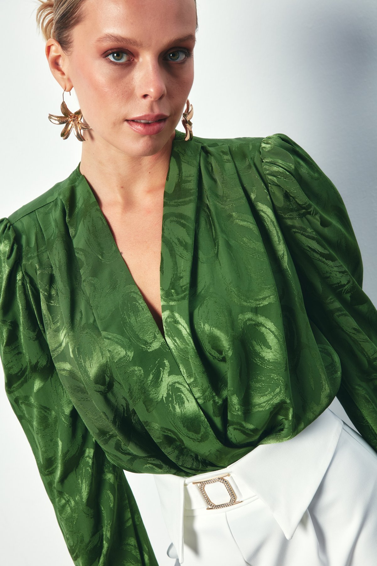 Patterned Double Breasted Bodysuit - GREEN