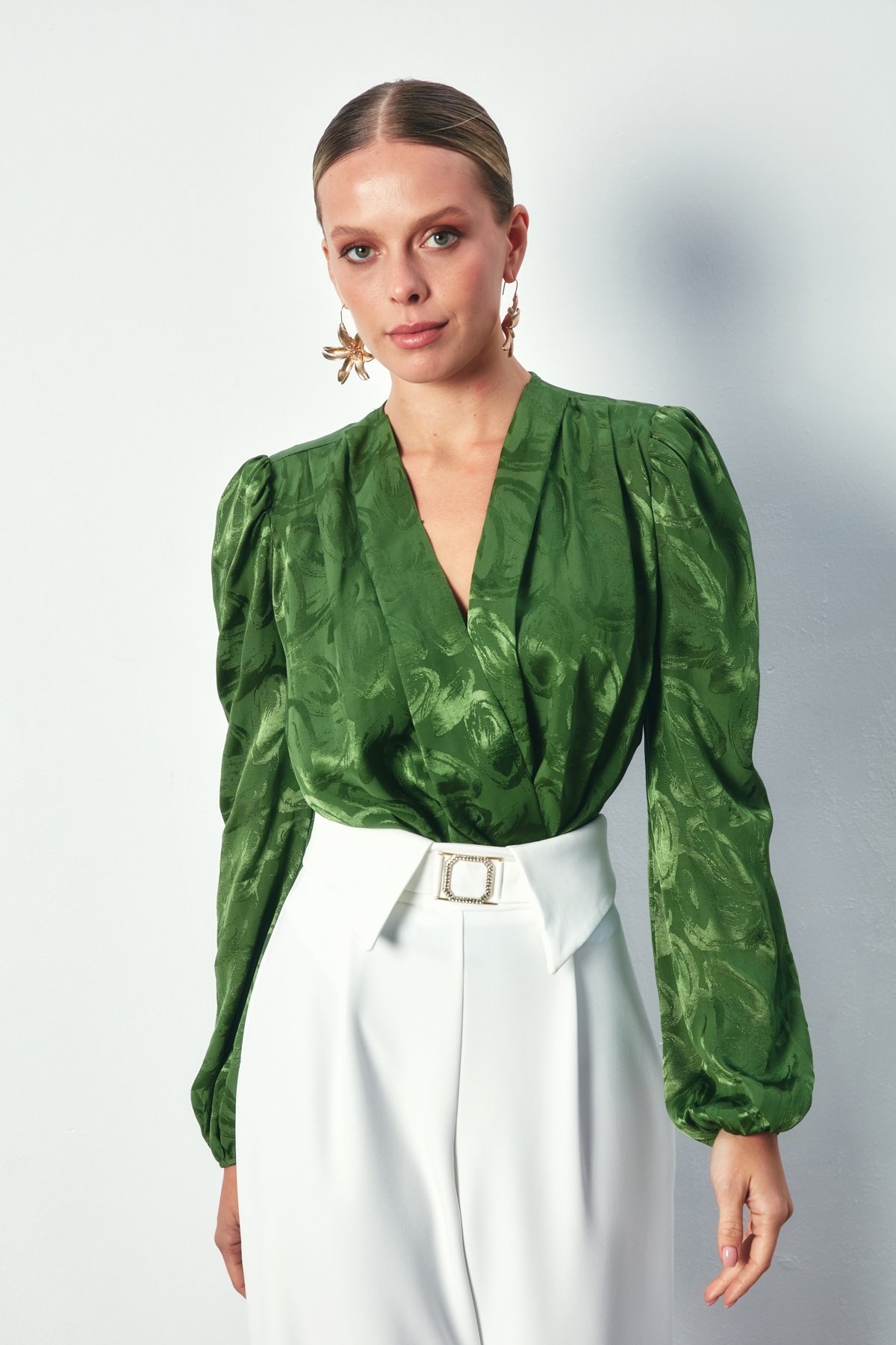 Patterned Double Breasted Bodysuit - GREEN