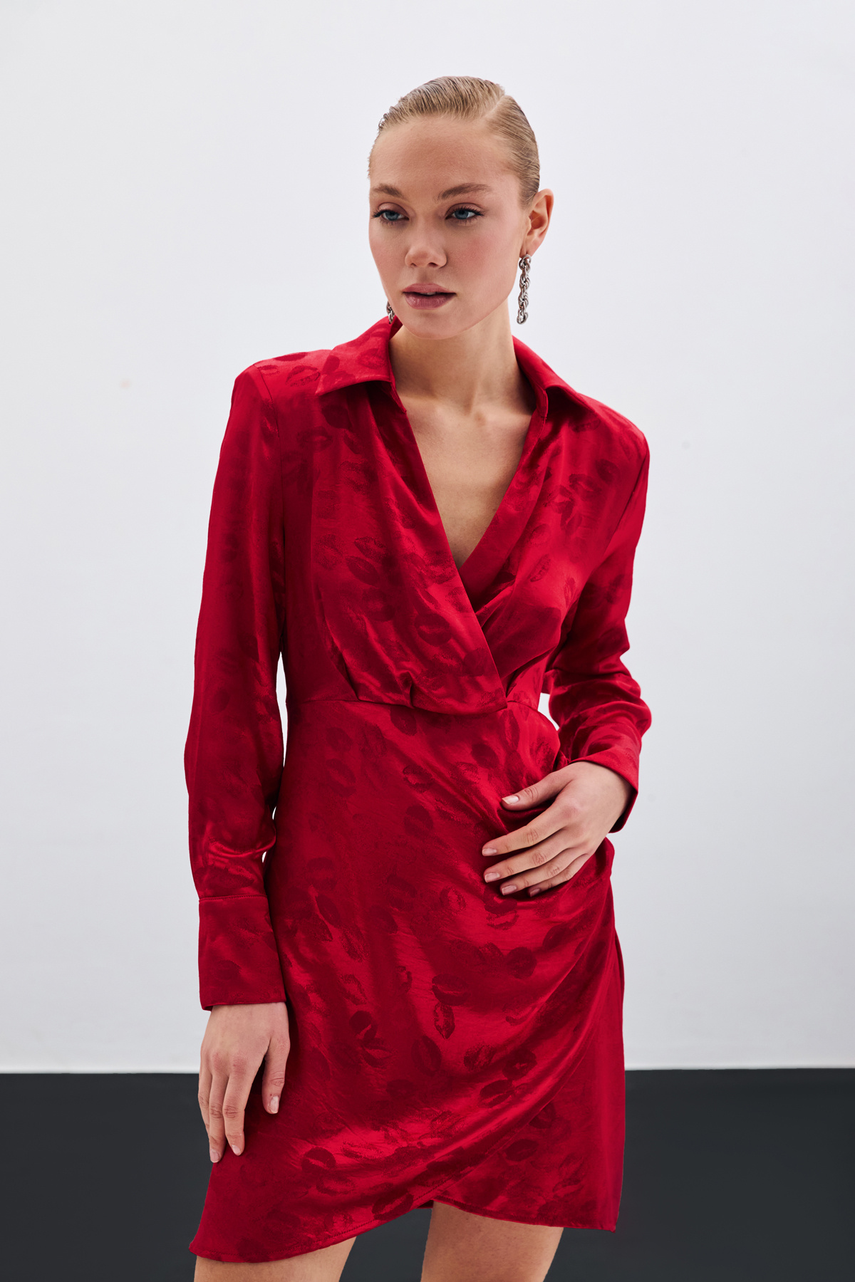 Patterned Double Breasted Dress - Red