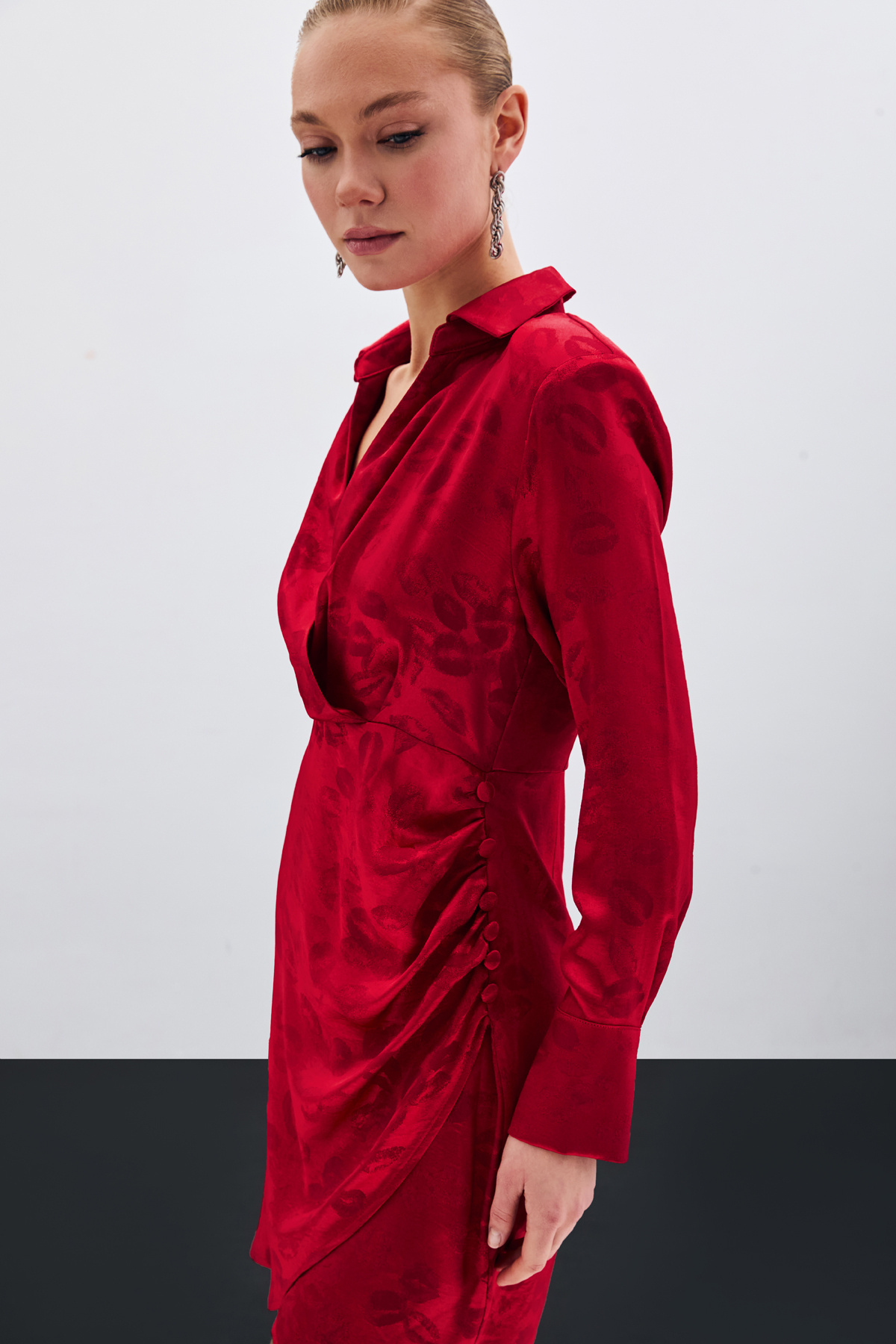 Patterned Double Breasted Dress - Red