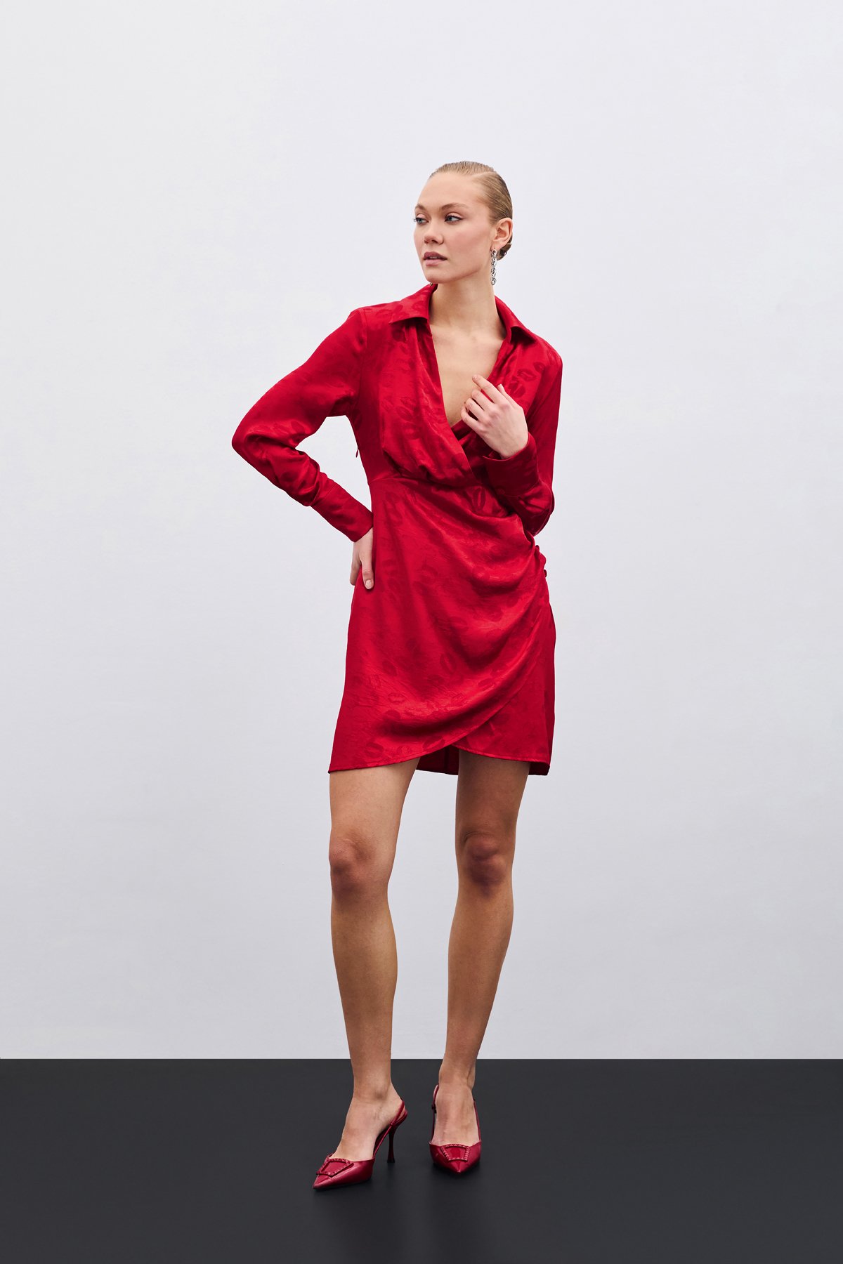 Patterned Double Breasted Dress - Red