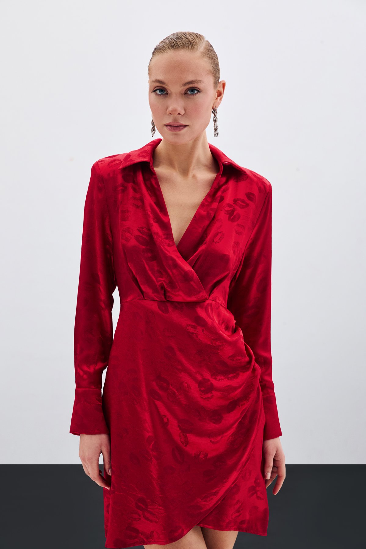 Patterned Double Breasted Dress - Red
