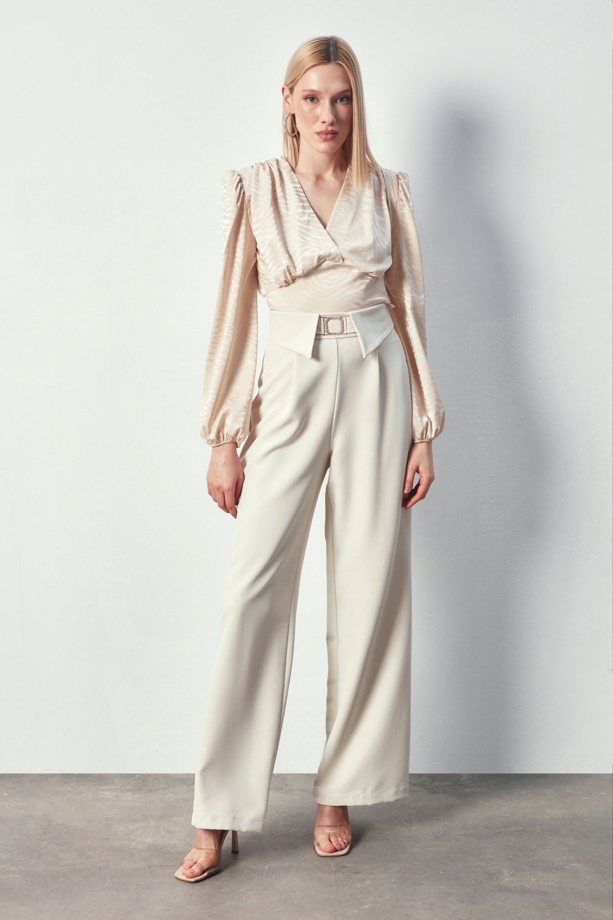 Desenli Kruvaze Saten Bluz - BEJ