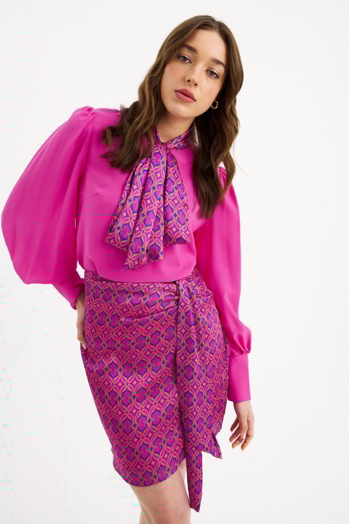 Desenli kuşak detaylı mini etek - FUŞYA