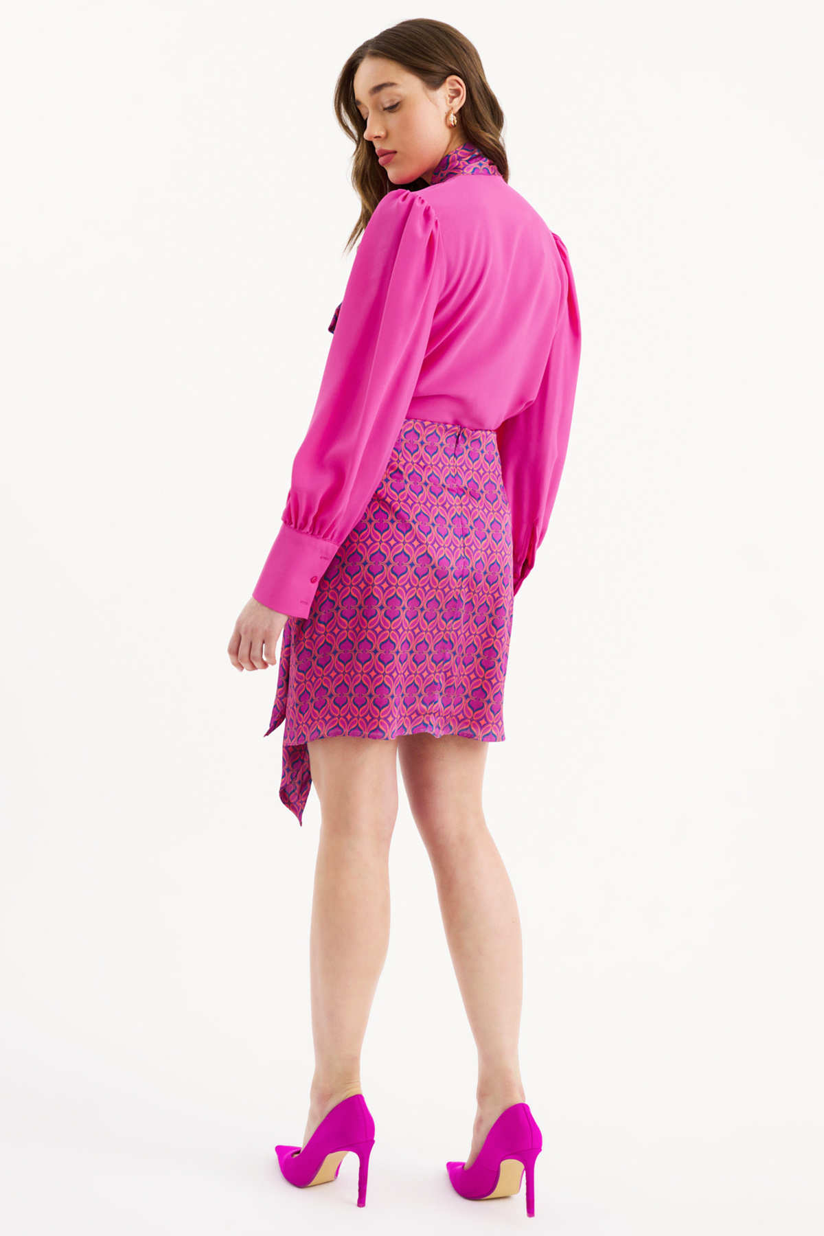 Desenli kuşak detaylı mini etek - FUŞYA