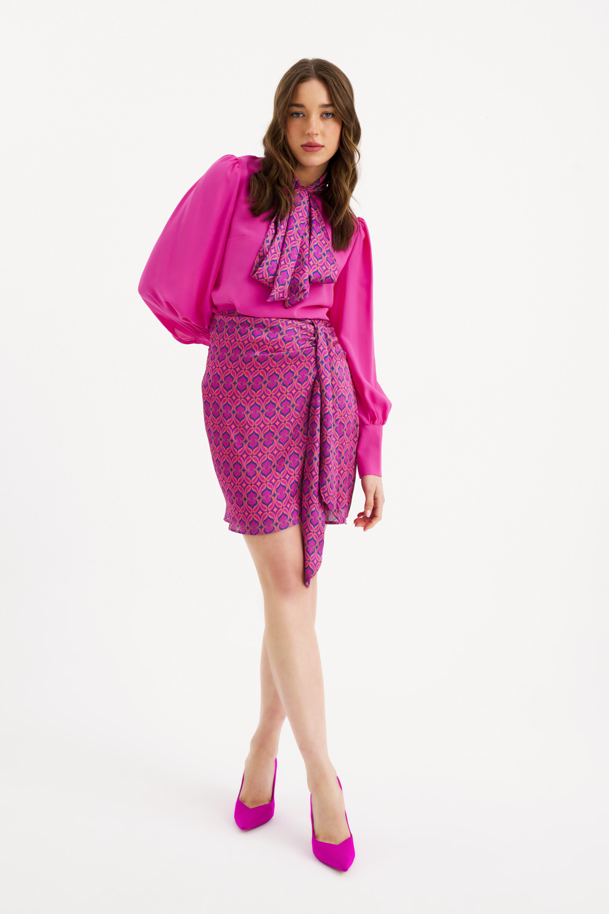 Desenli kuşak detaylı mini etek - FUŞYA