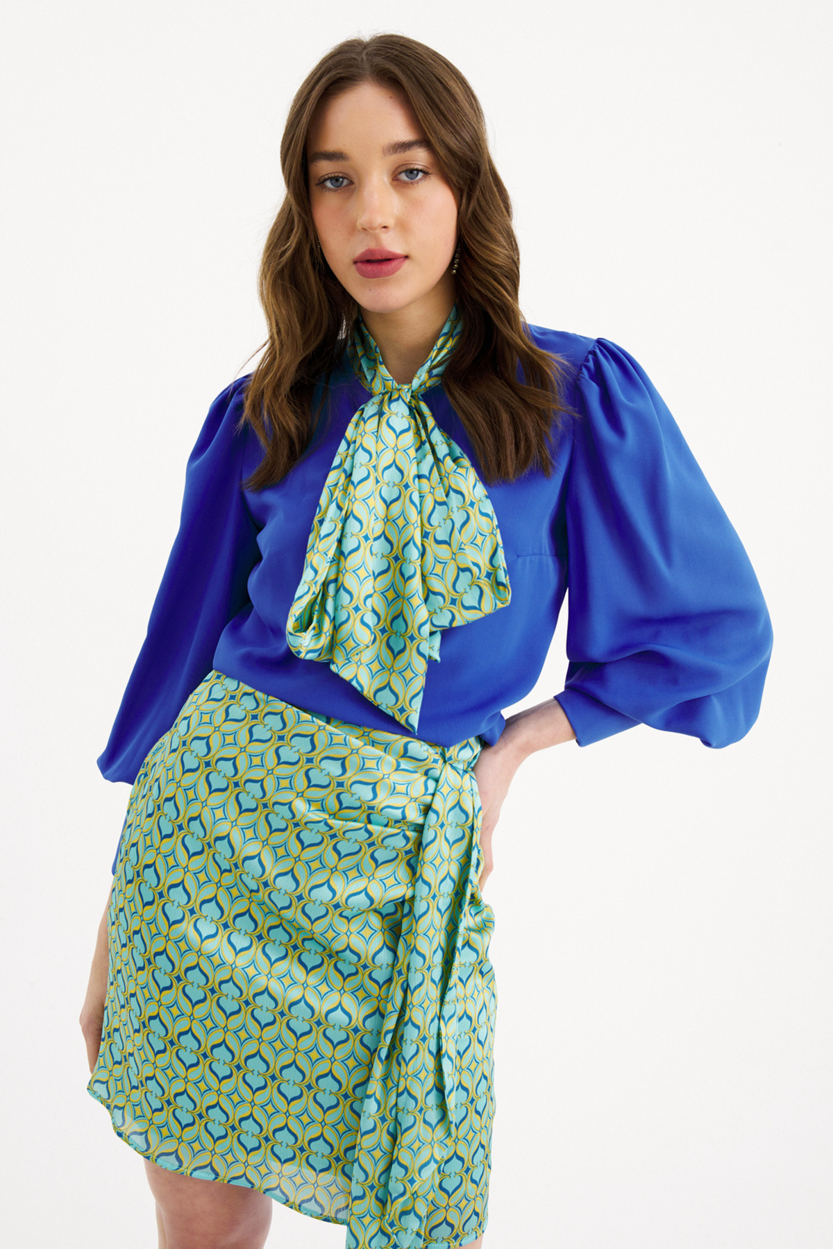 Desenli kuşak detaylı mini etek - MİNT