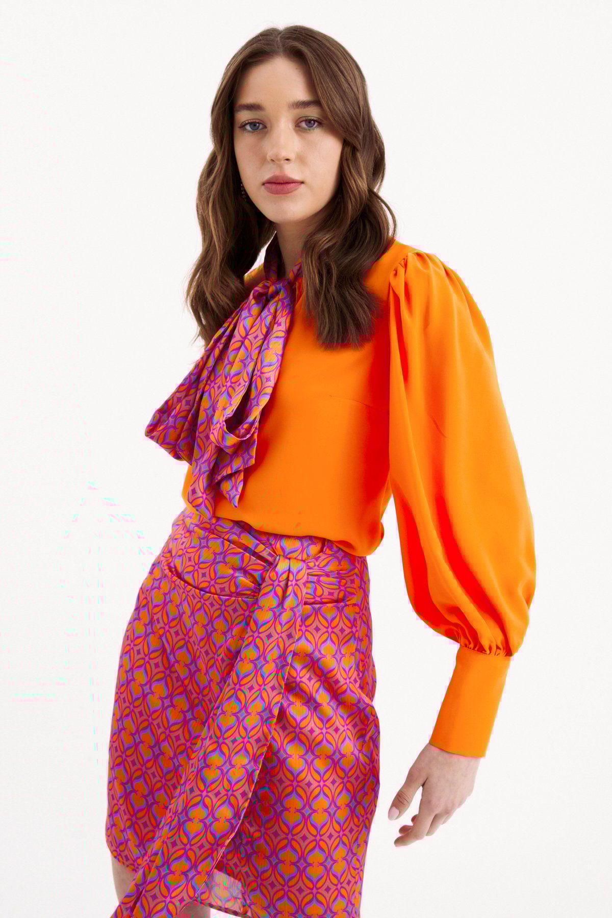 Desenli kuşak detaylı mini etek - ORANJ