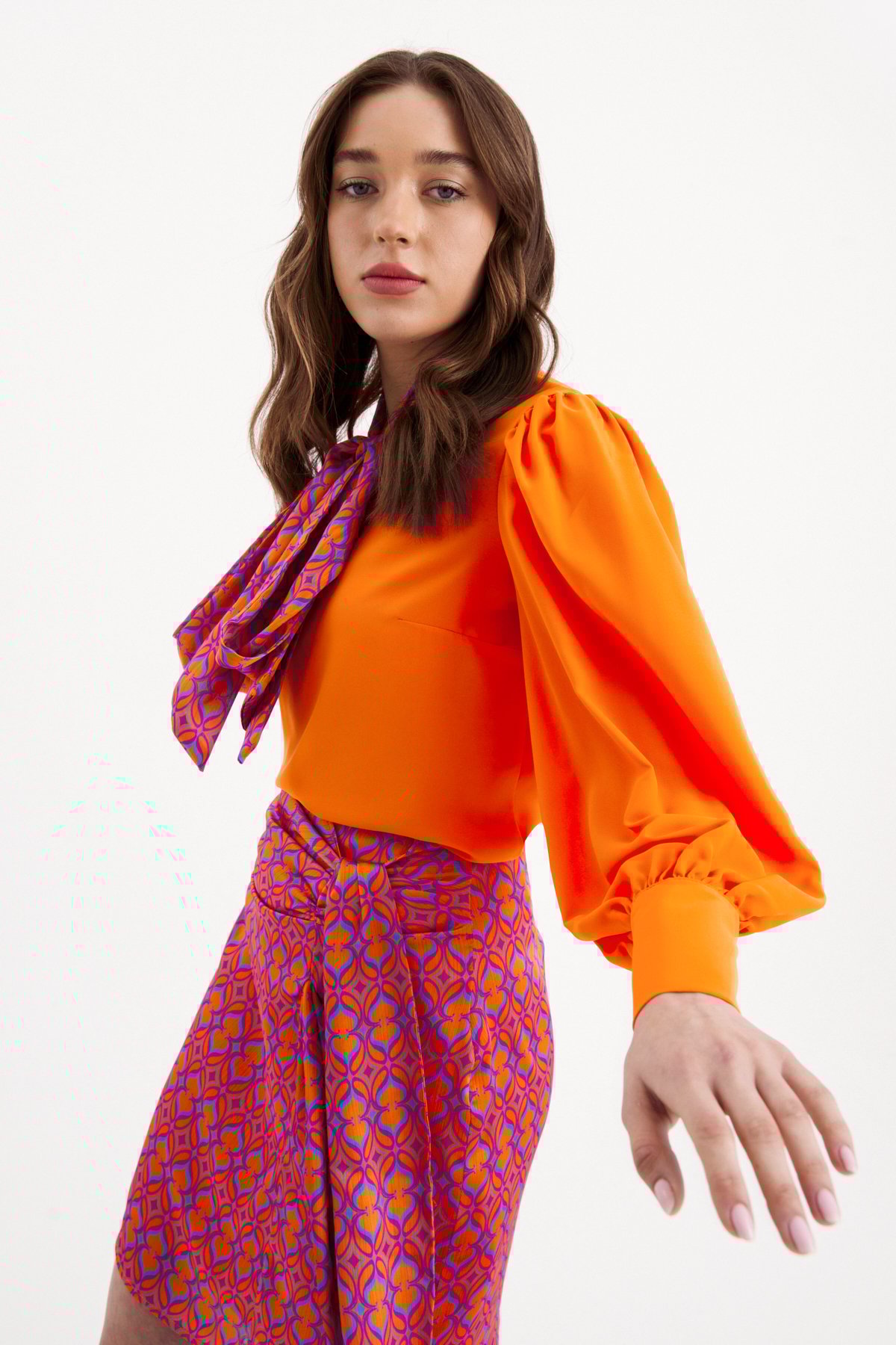 Desenli kuşak detaylı mini etek - ORANJ