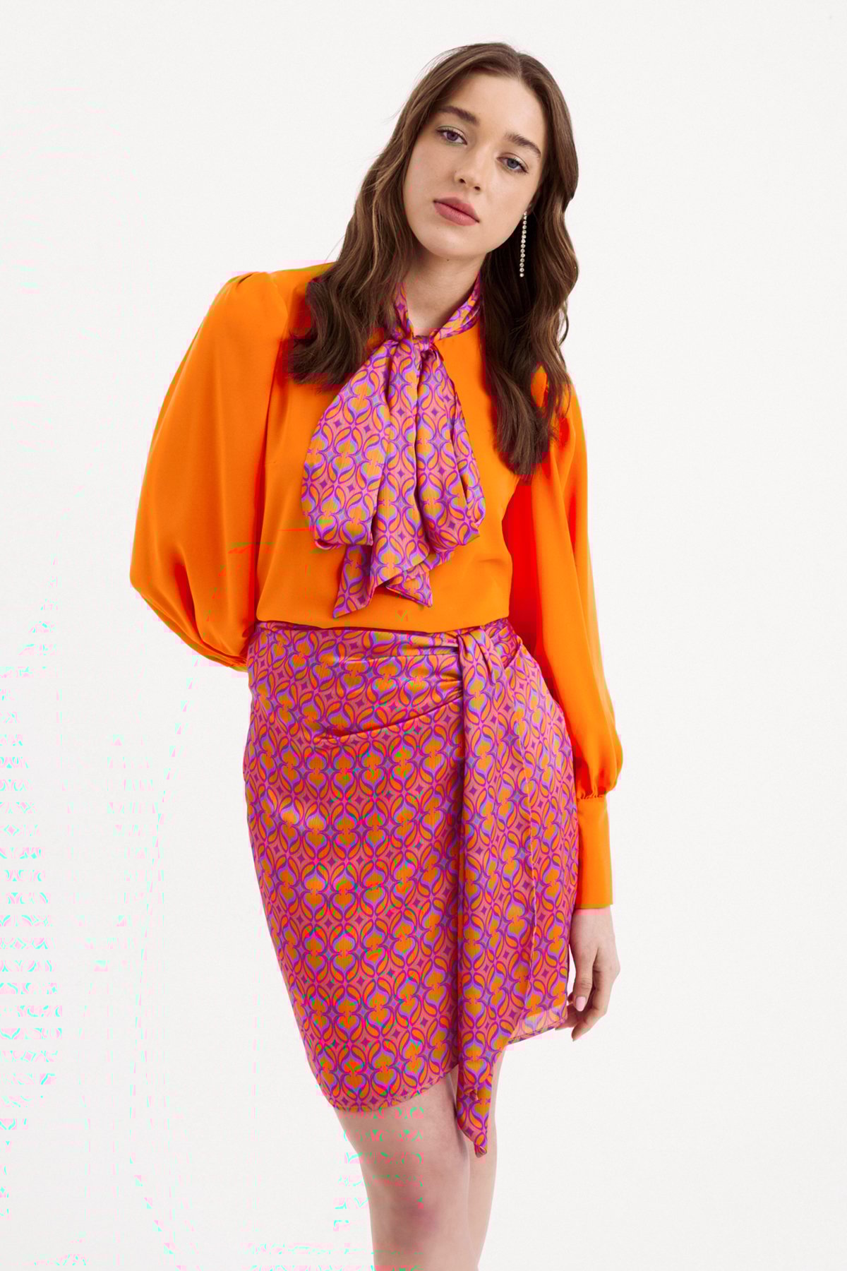 Desenli kuşak detaylı mini etek - ORANJ