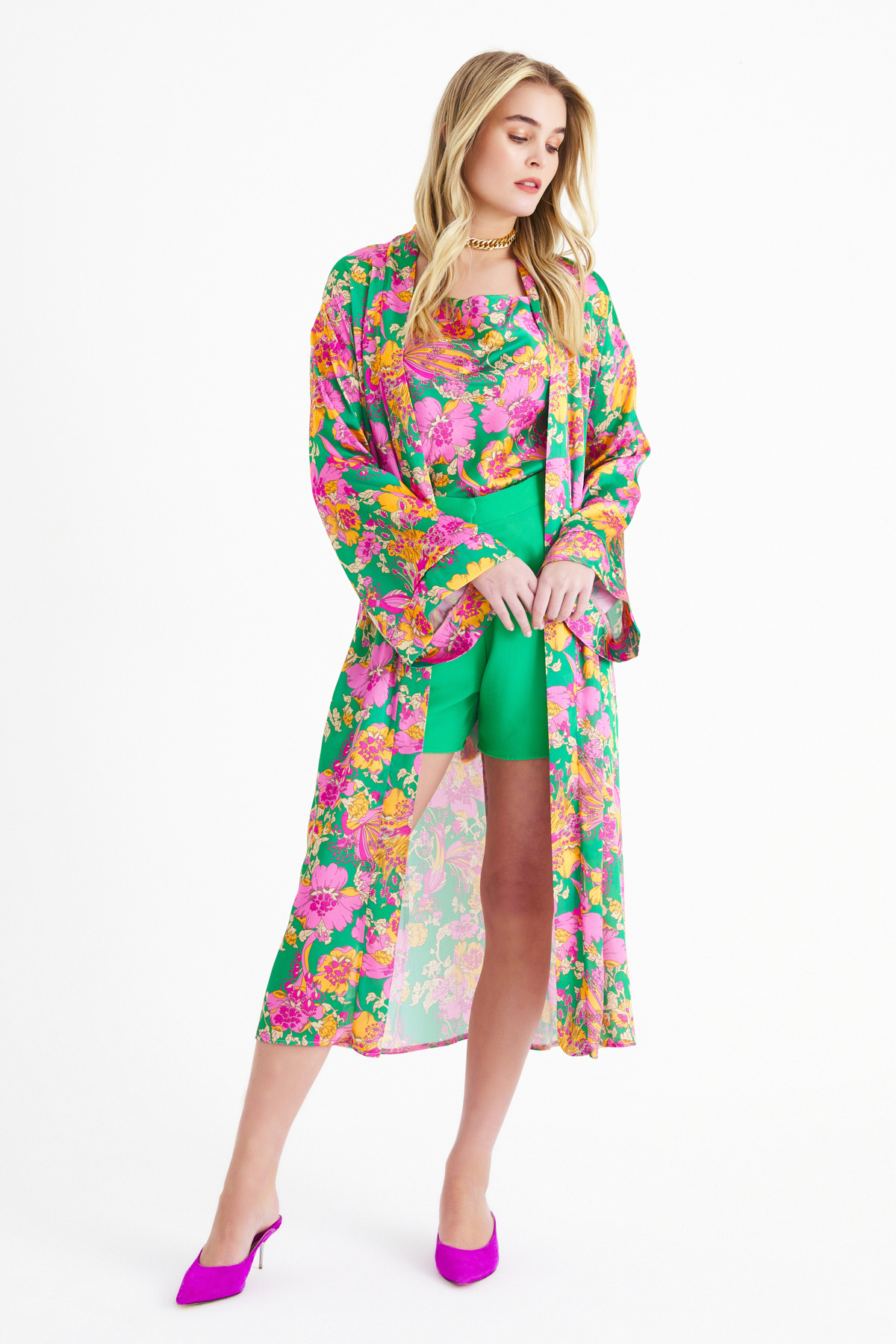 Desenli kuşaklı kimono - YEŞİL