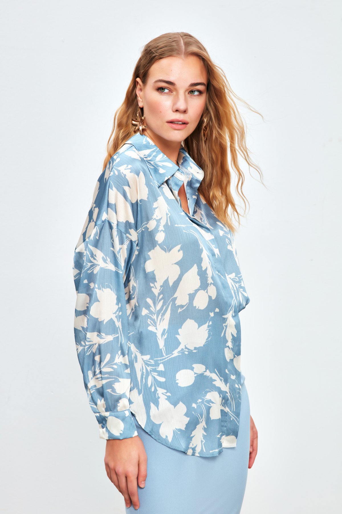 Desenli Oversize Gömlek - BEBE MAVİ