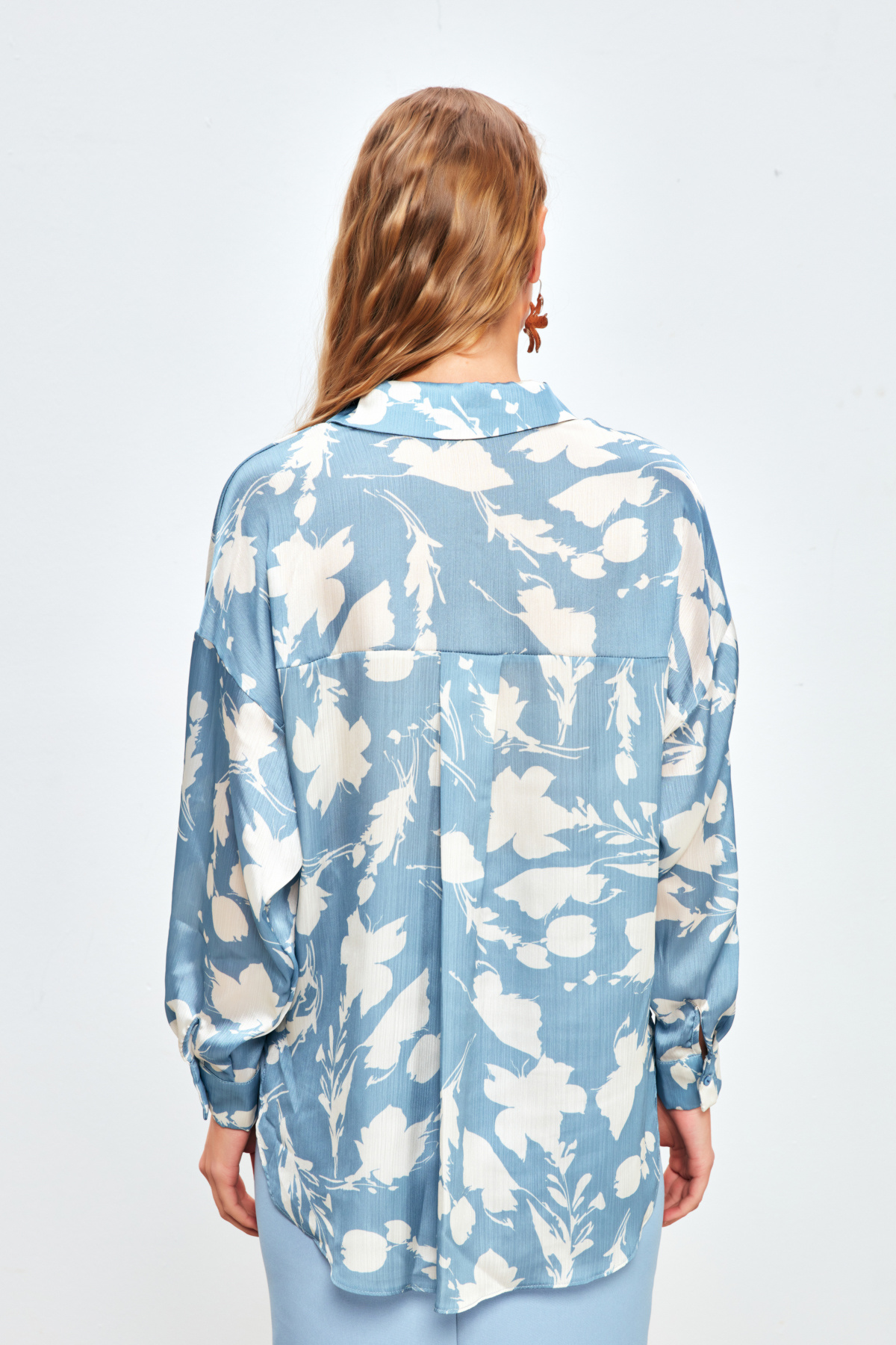 Desenli Oversize Gömlek - BEBE MAVİ