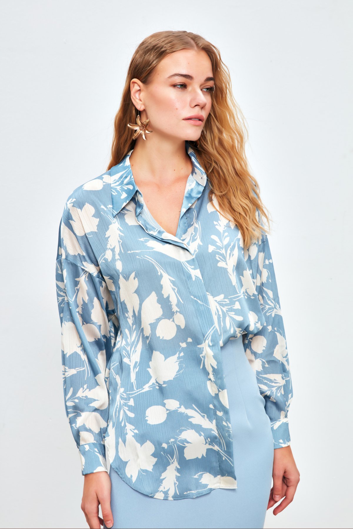 Desenli Oversize Gömlek - BEBE MAVİ