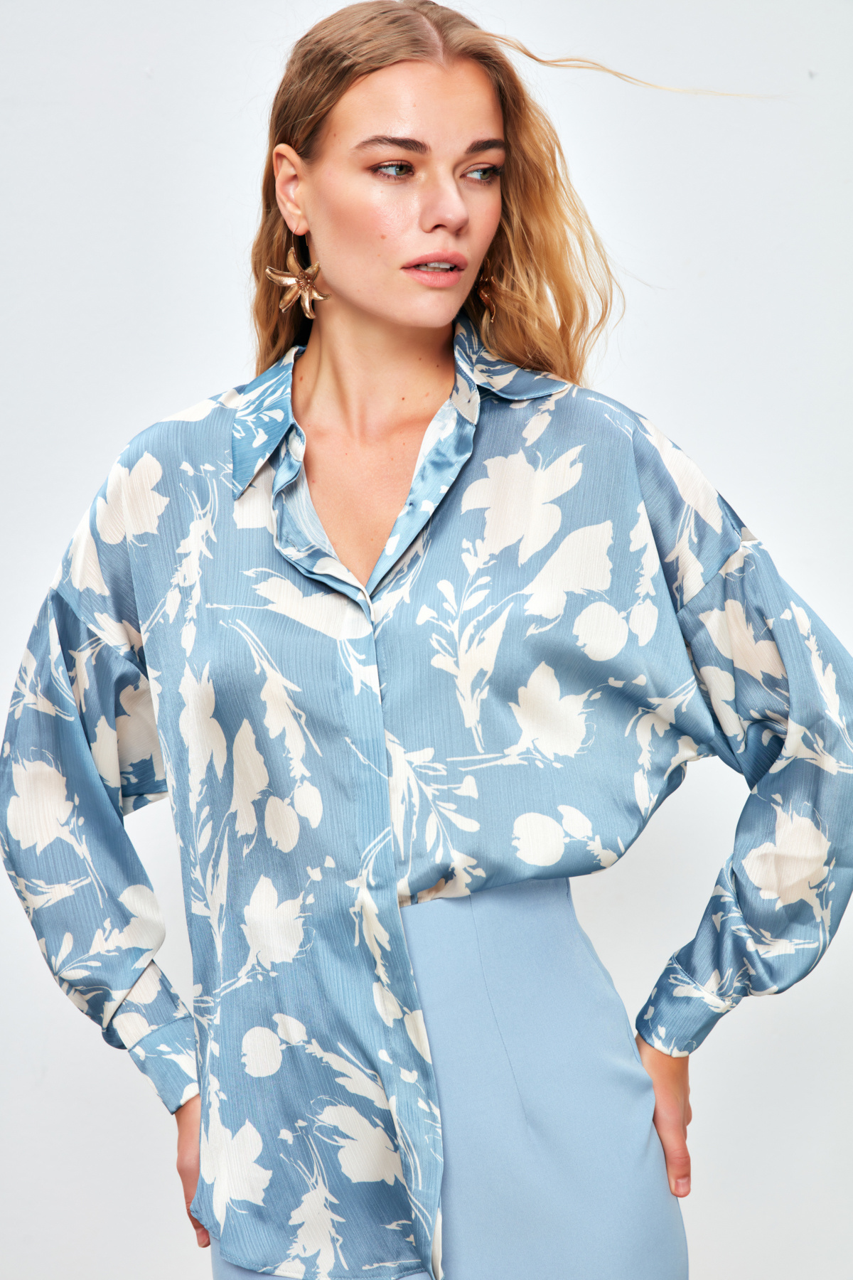 Desenli Oversize Gömlek - BEBE MAVİ