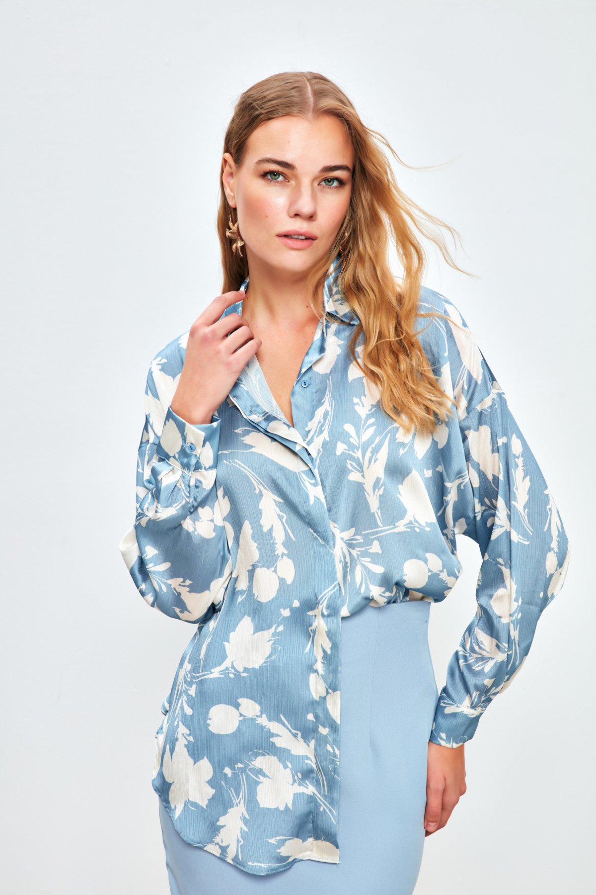 Desenli Oversize Gömlek - BEBE MAVİ