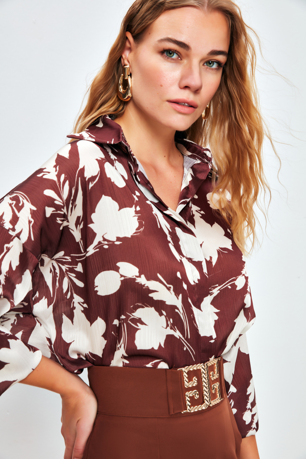 Desenli Oversize Gömlek - KAHVE