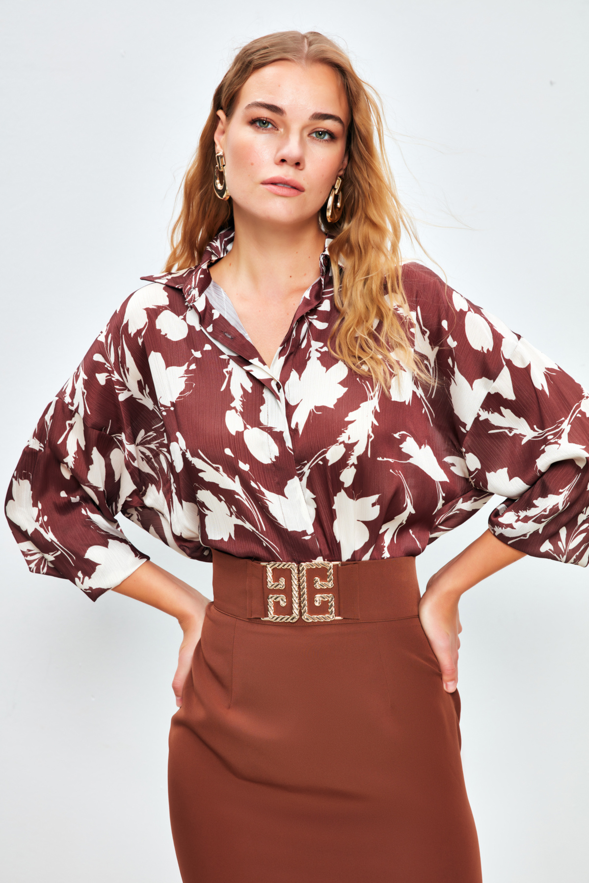 Desenli Oversize Gömlek - KAHVE
