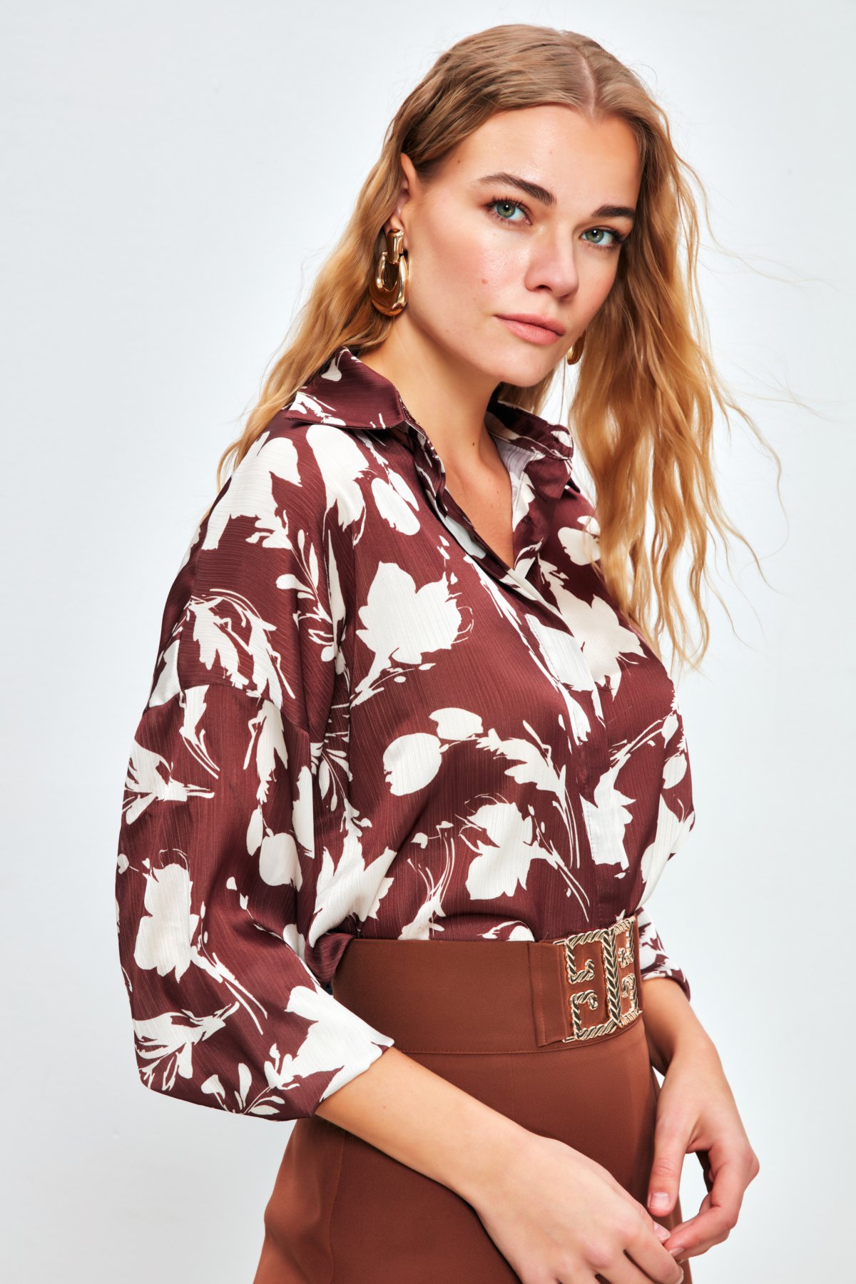 Desenli Oversize Gömlek - KAHVE