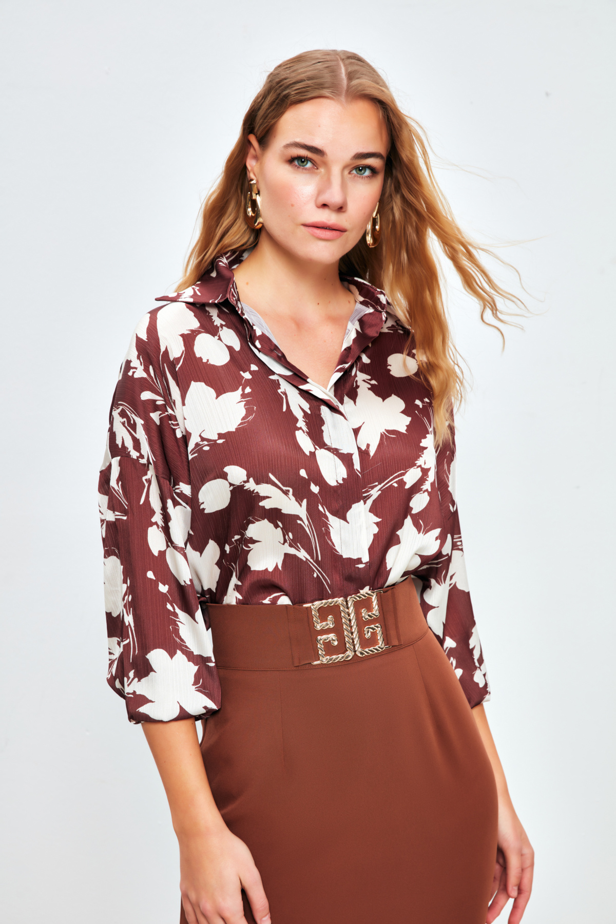 Desenli Oversize Gömlek - KAHVE