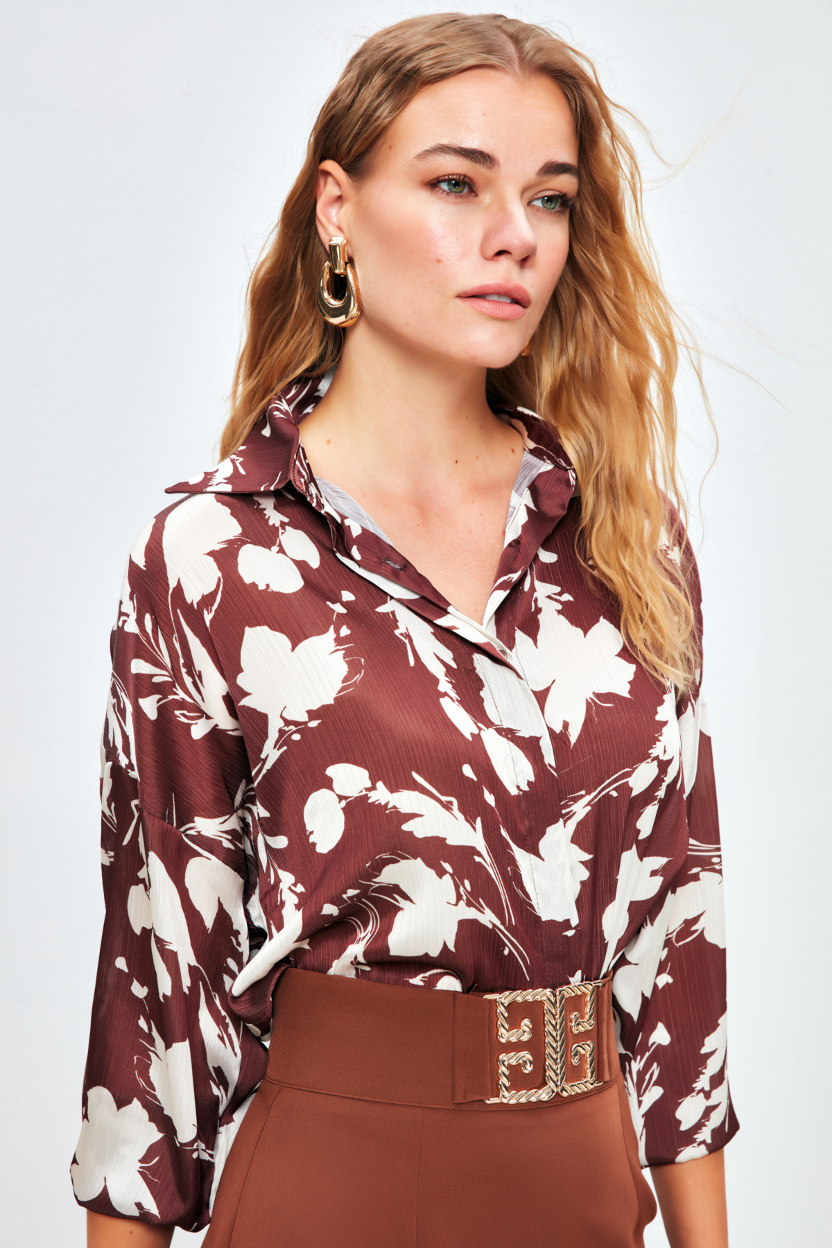 Desenli Oversize Gömlek - KAHVE