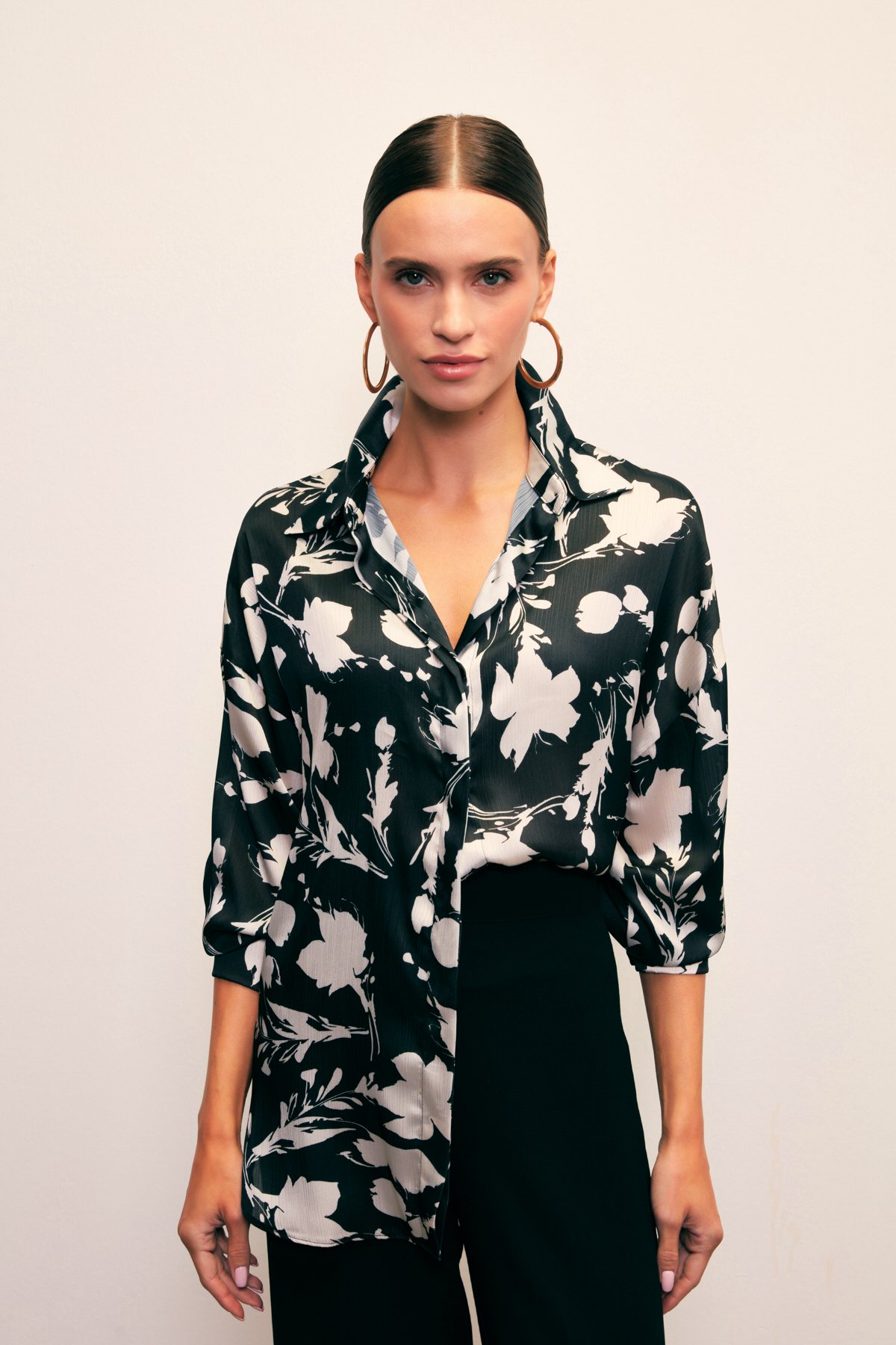 Desenli Oversize Gömlek - SİYAH