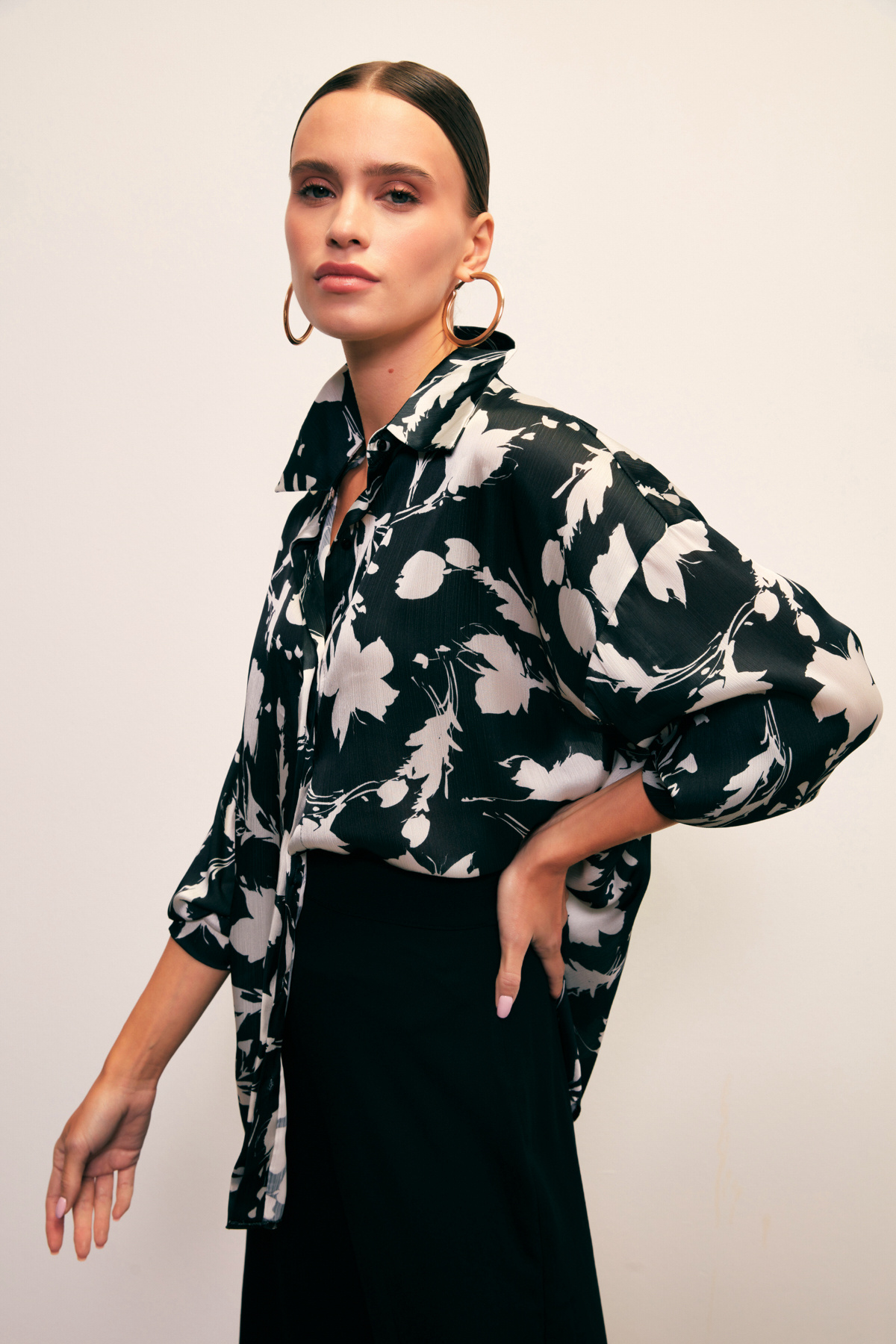 Desenli Oversize Gömlek - SİYAH