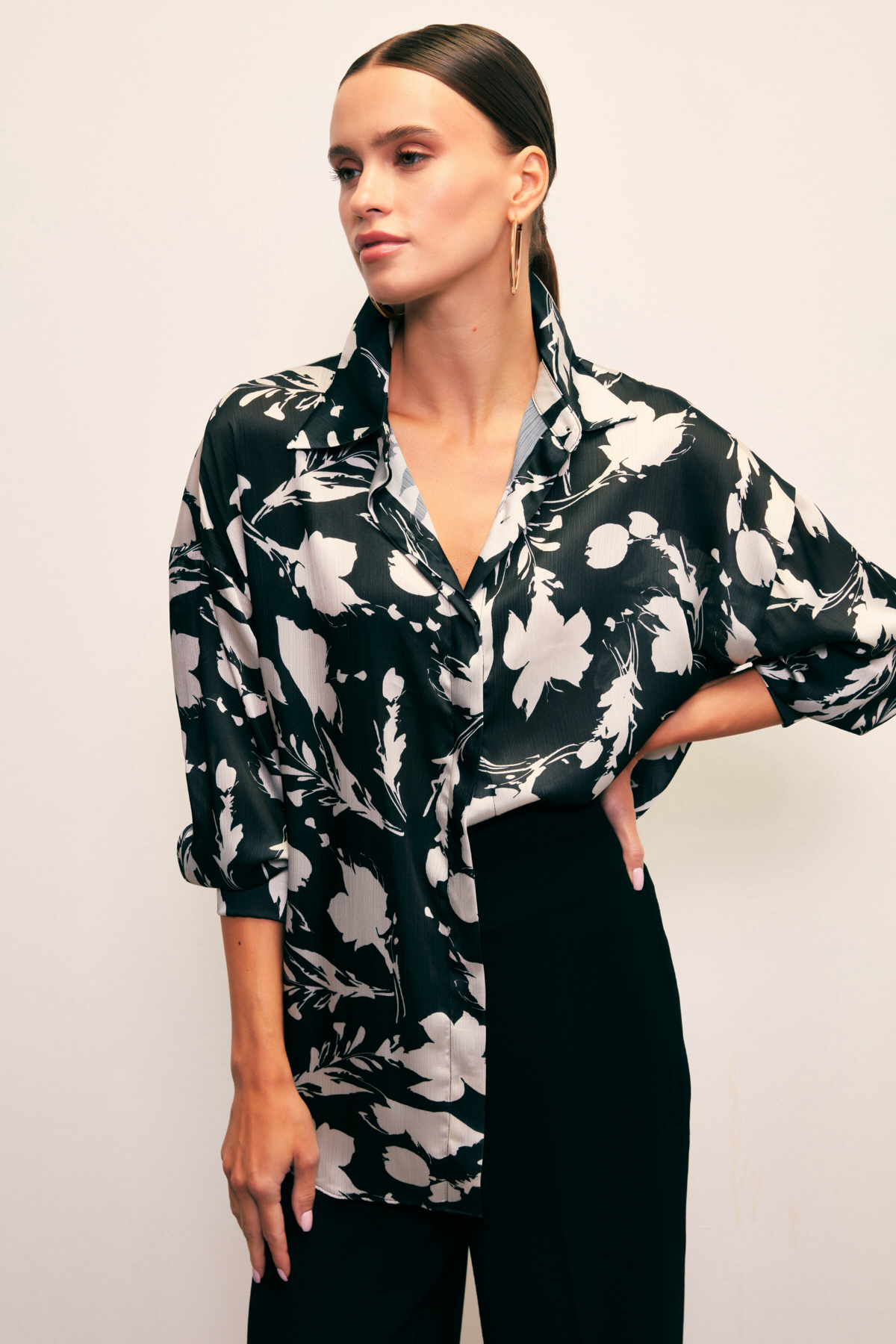 Desenli Oversize Gömlek - SİYAH