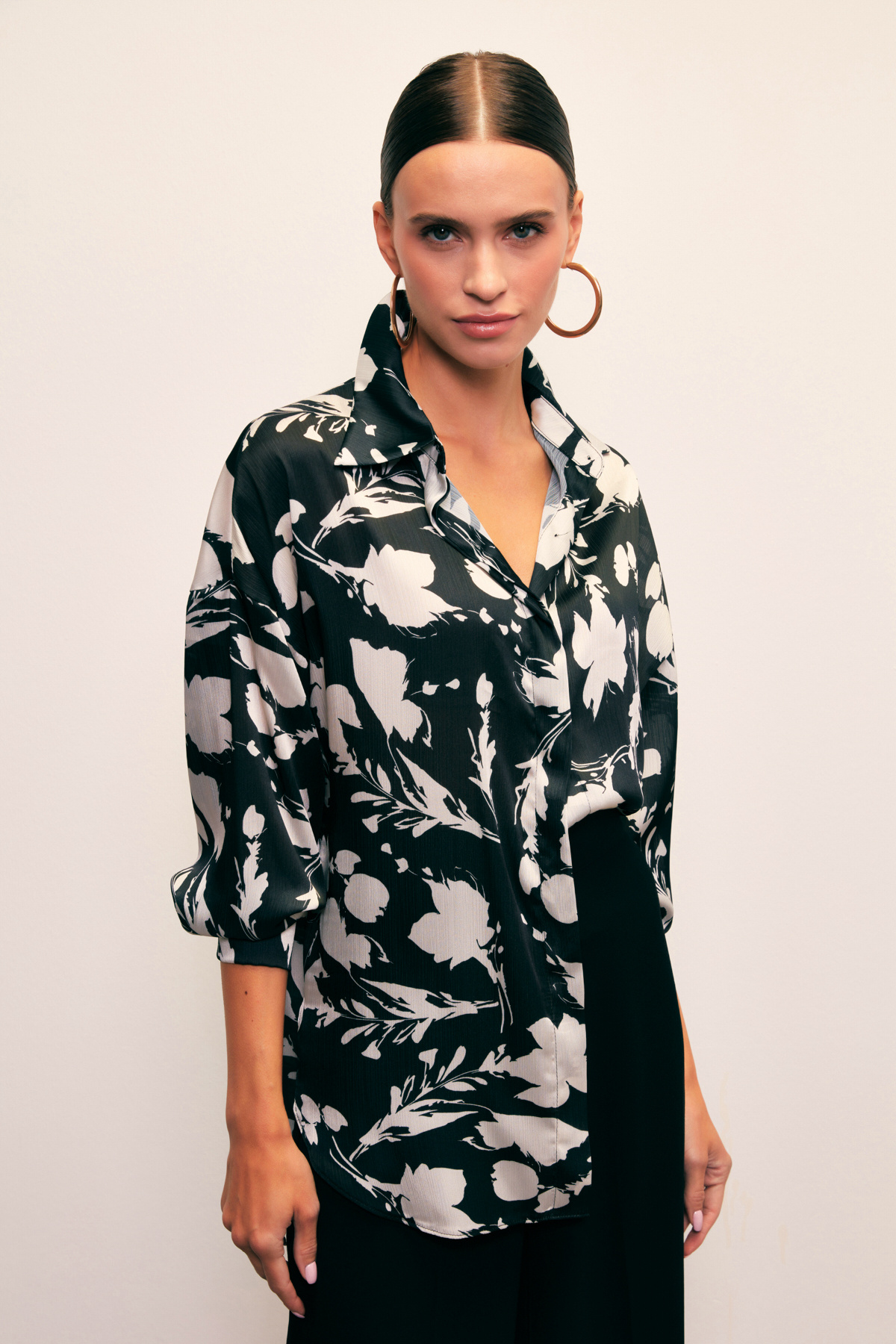 Desenli Oversize Gömlek - SİYAH