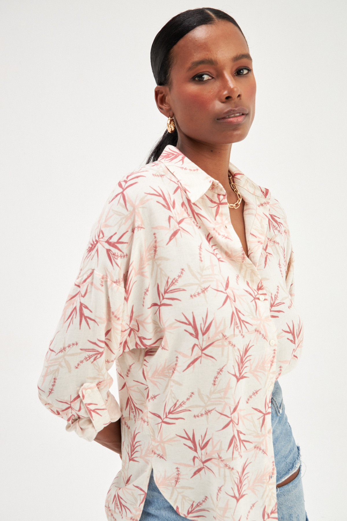 Patterned Oversize Linen Shirt - MAROON