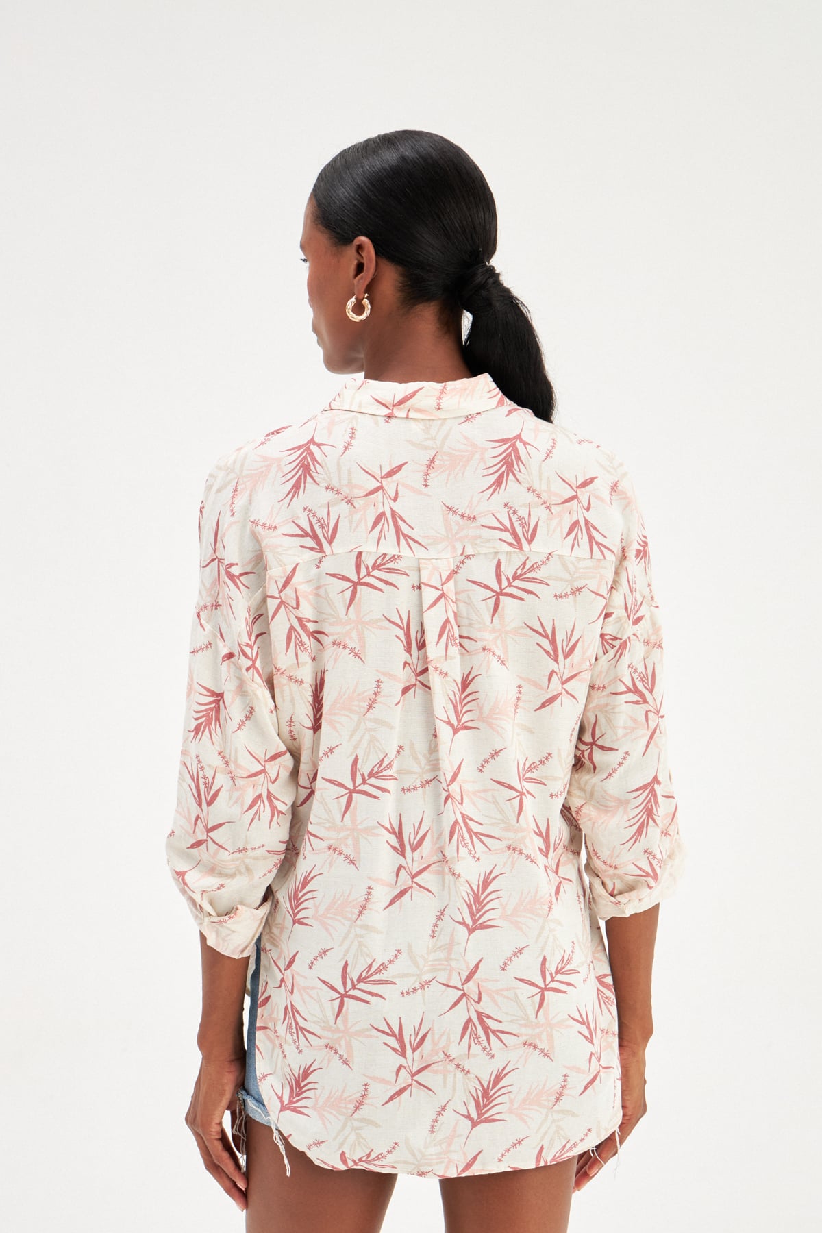 Patterned Oversize Linen Shirt - MAROON