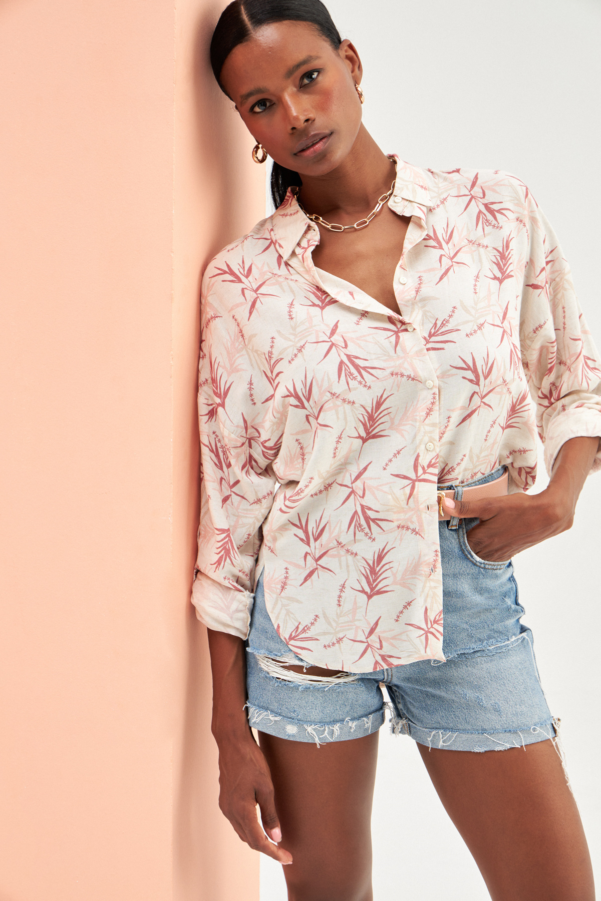 Patterned Oversize Linen Shirt - MAROON
