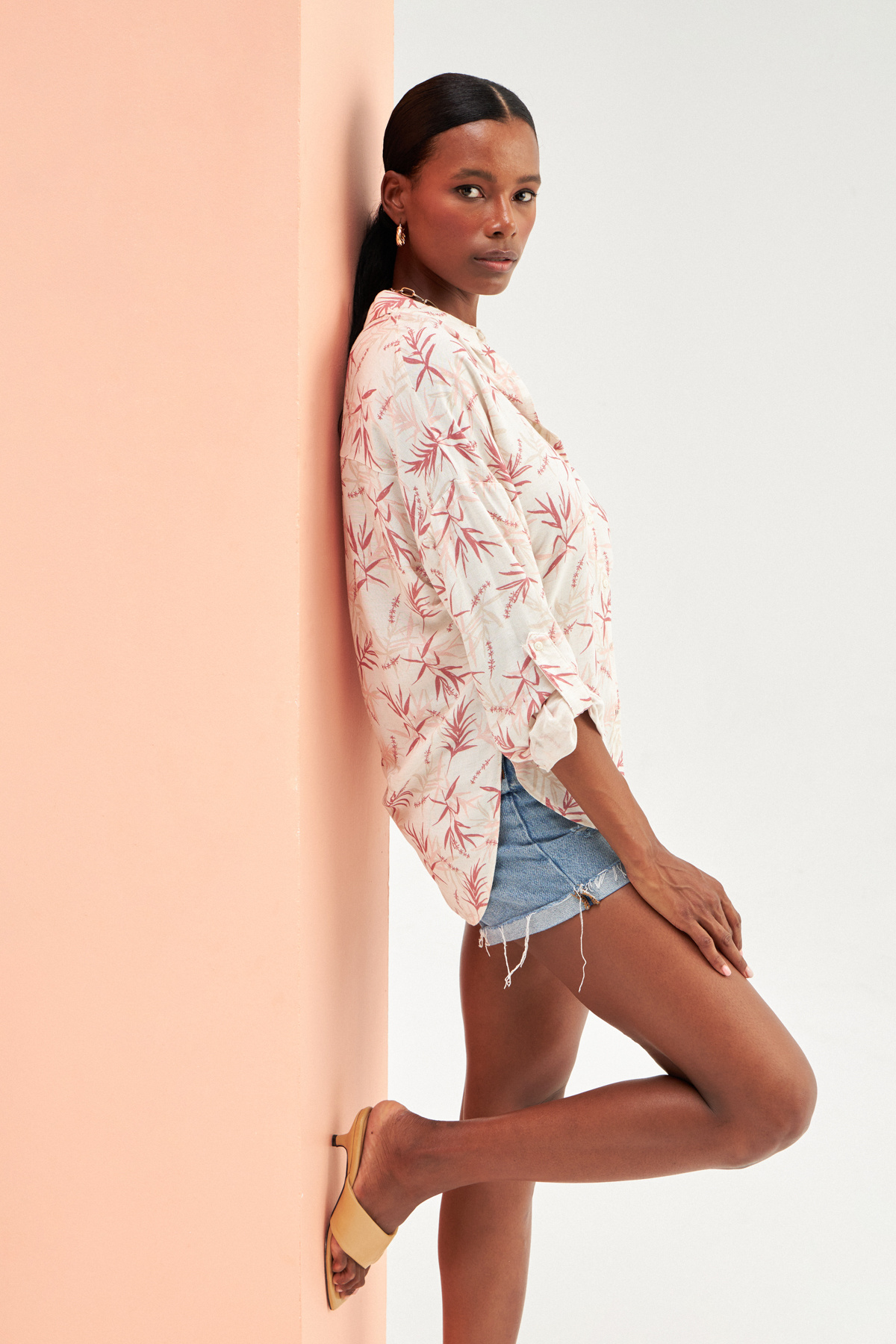 Patterned Oversize Linen Shirt - MAROON