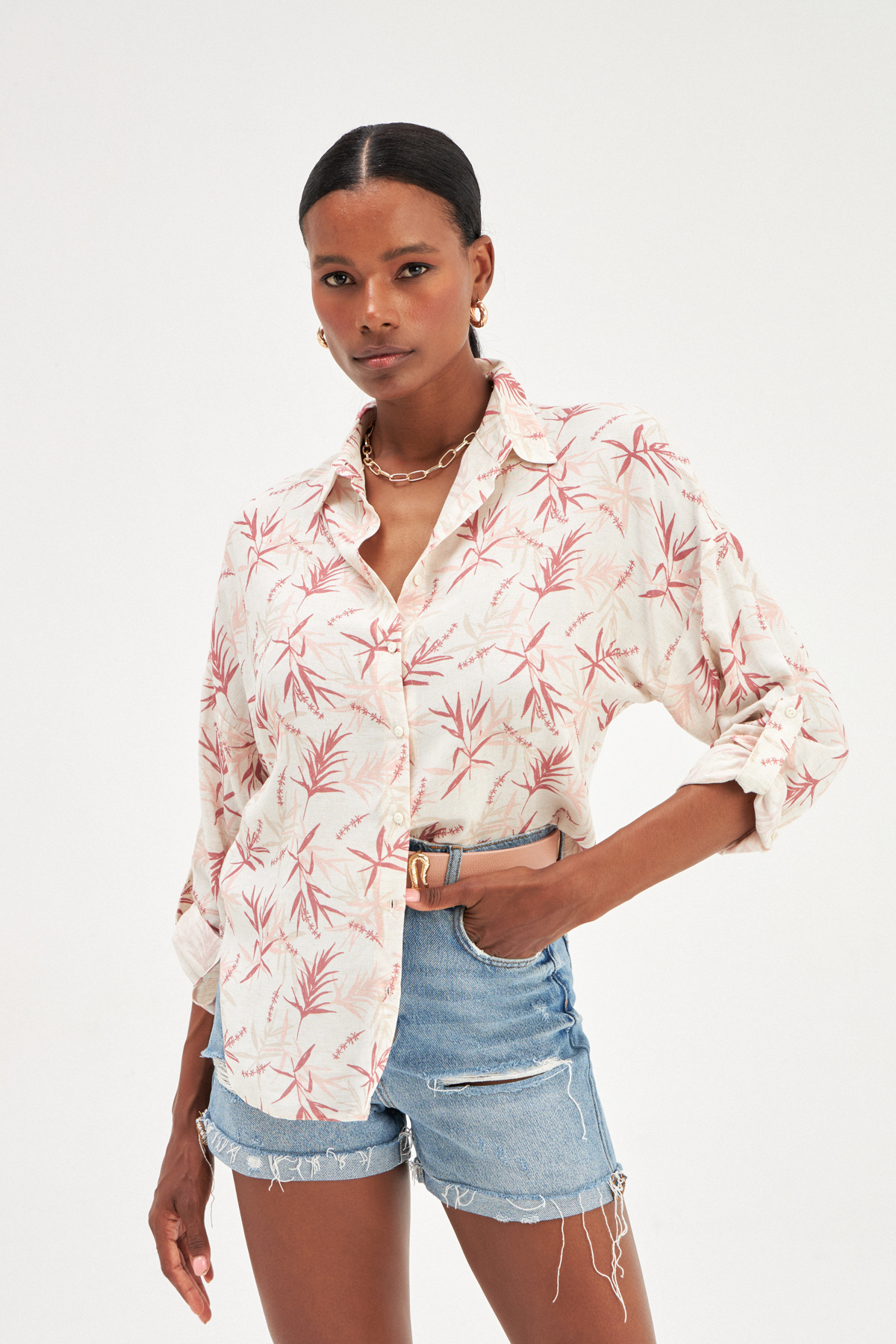 Patterned Oversize Linen Shirt - MAROON