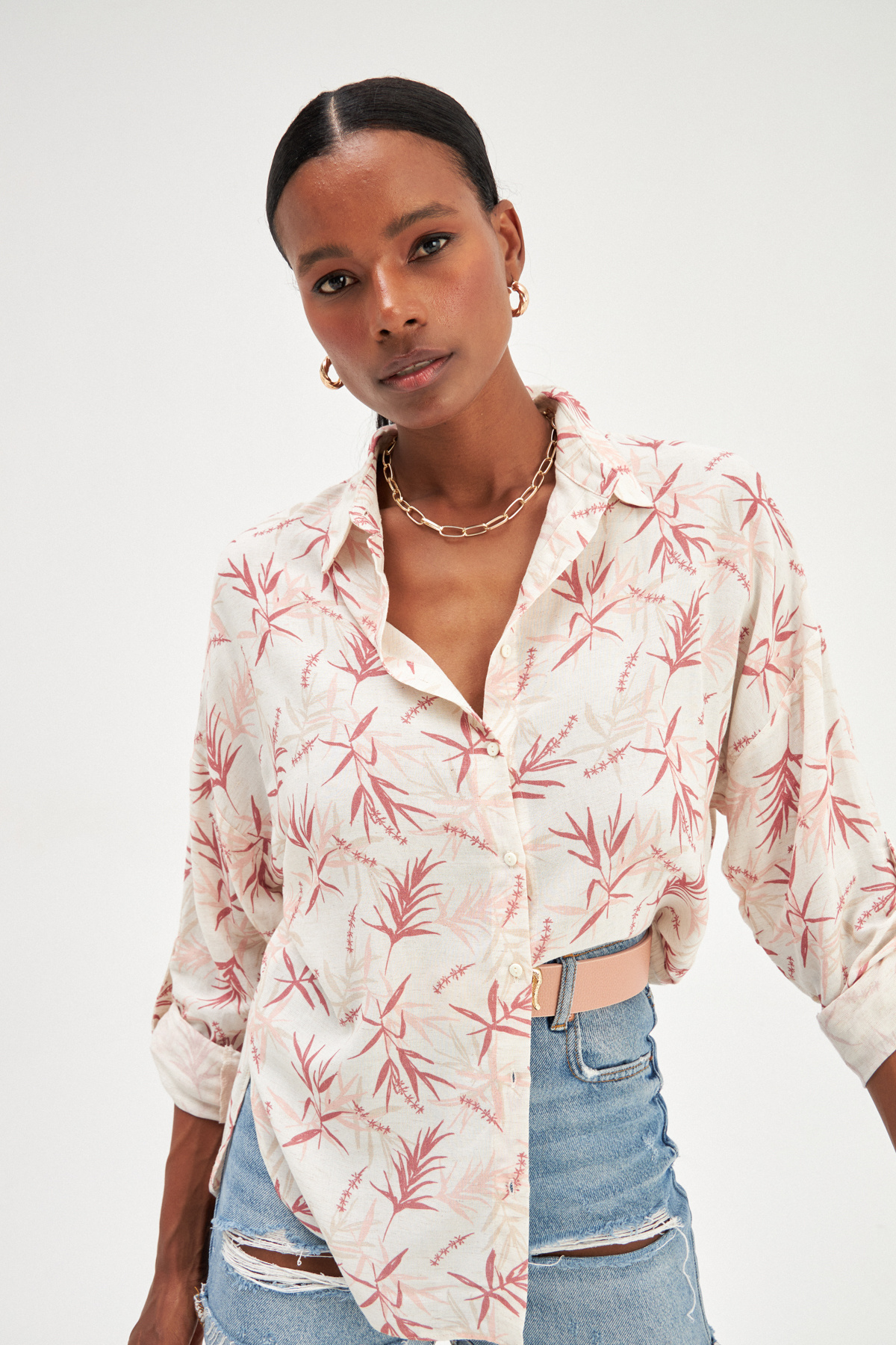 Patterned Oversize Linen Shirt - MAROON
