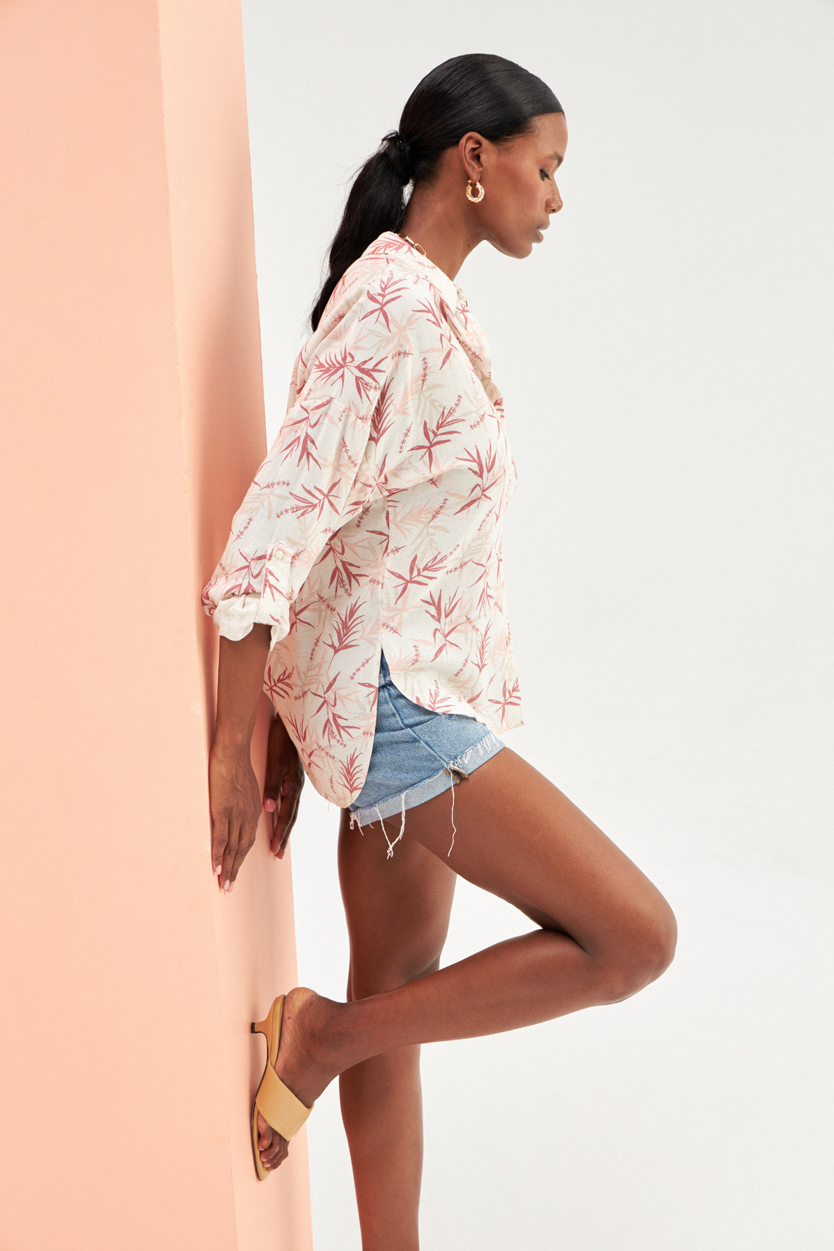 Patterned Oversize Linen Shirt - MAROON