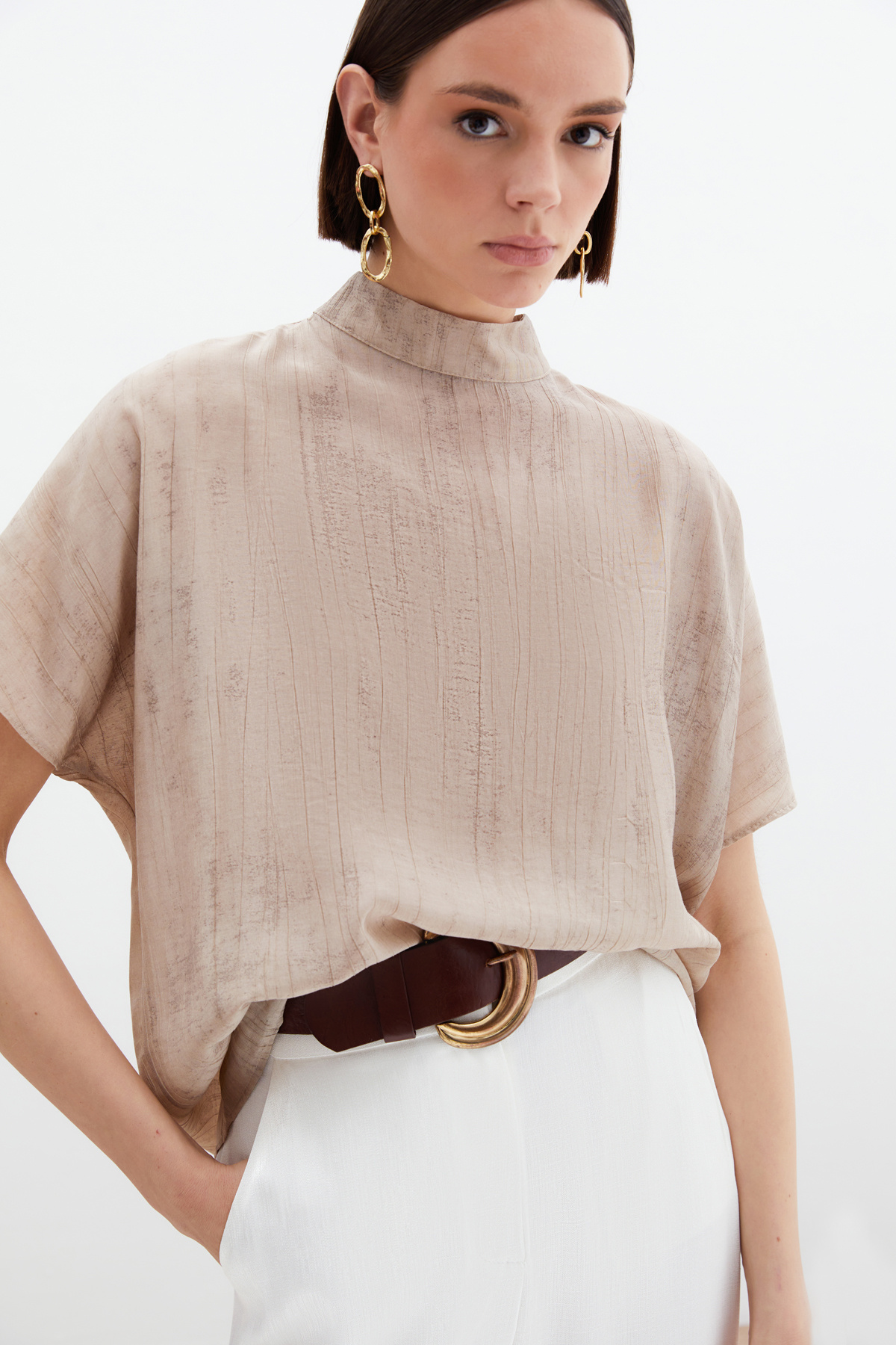 Patterned Casual Blouse - Beıge