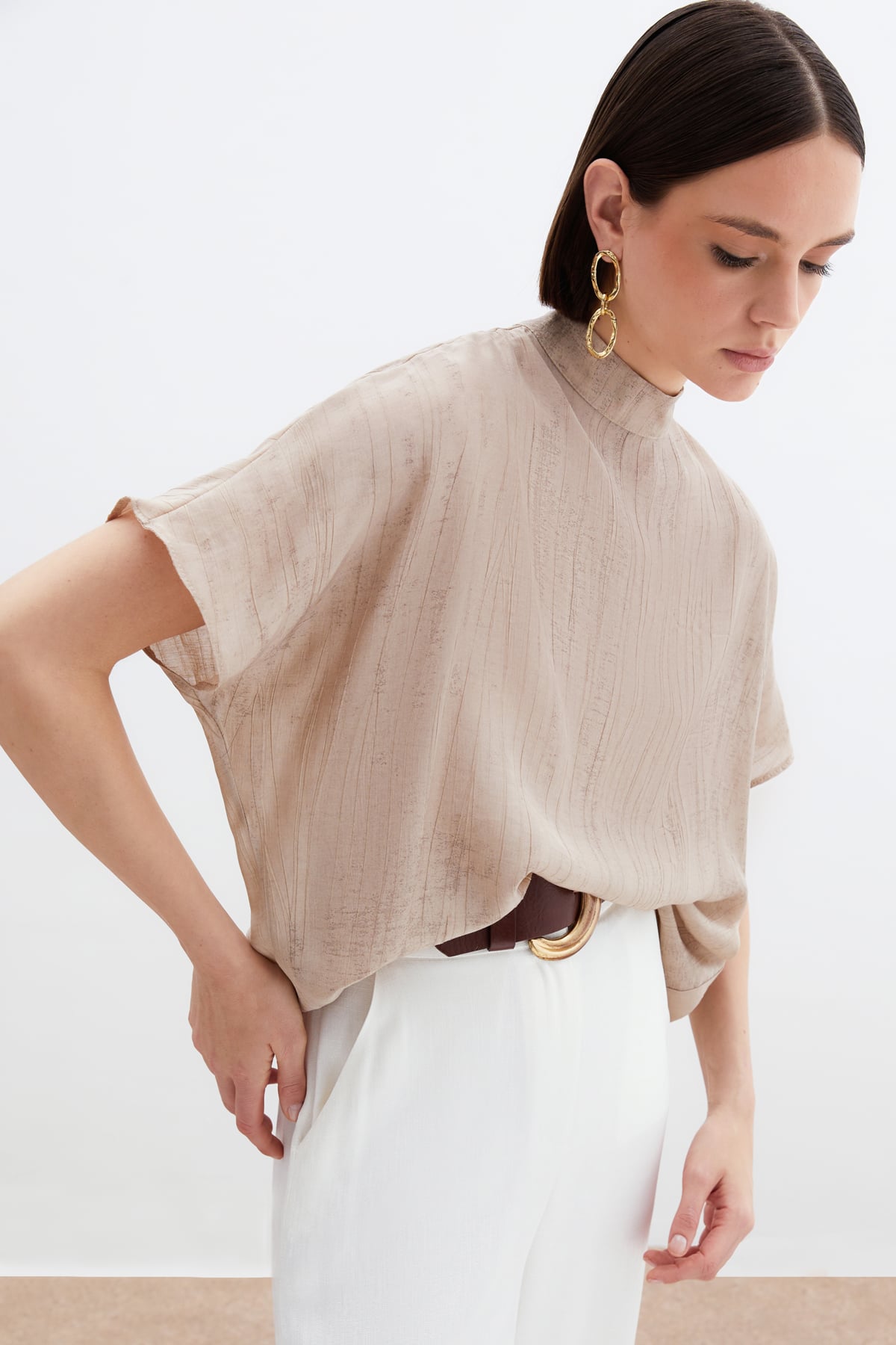Patterned Casual Blouse - Beıge