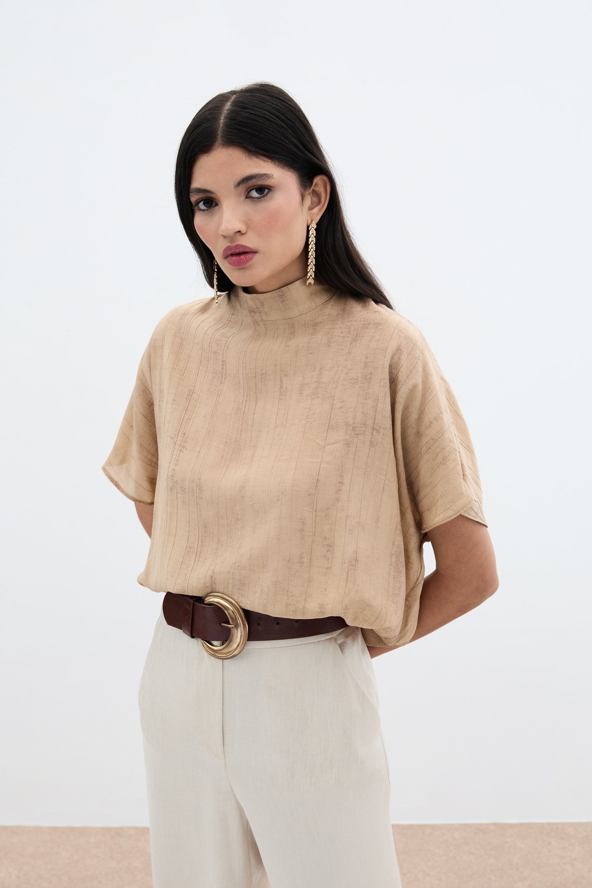 Desenli Salaş Bluz - Camel