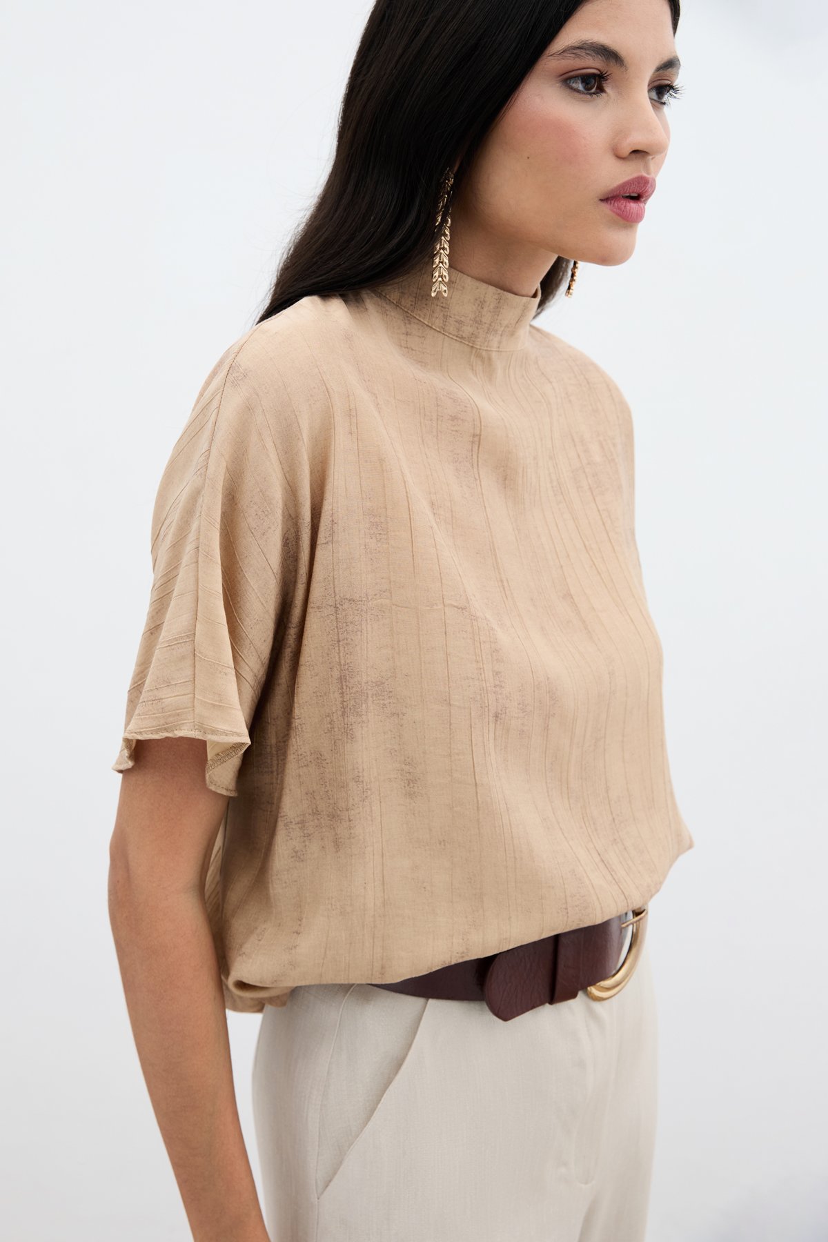 Desenli Salaş Bluz - Camel