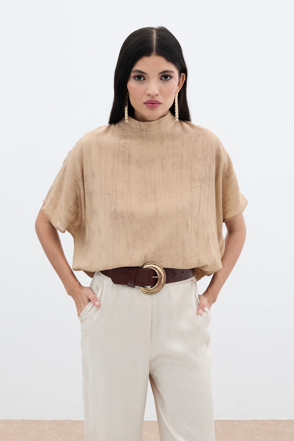 Desenli Salaş Bluz - Camel