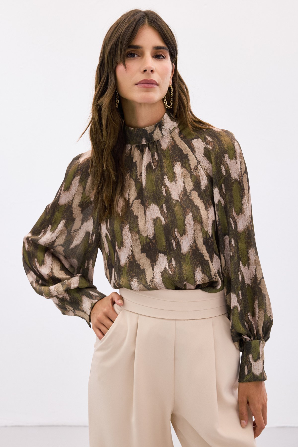 Desenli Salaş Bluz - Haki