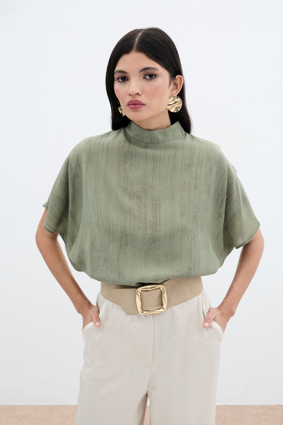 Desenli Salaş Bluz - Haki