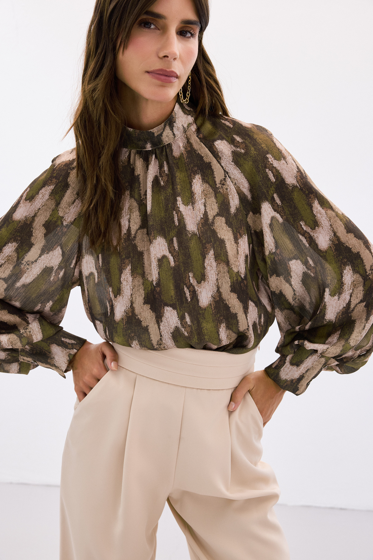 Desenli Salaş Bluz - Haki