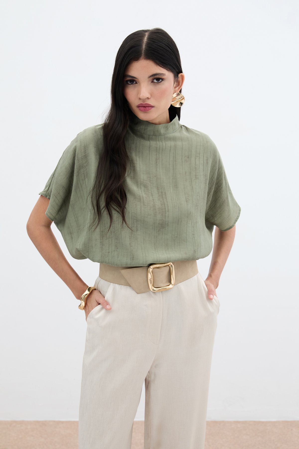 Desenli Salaş Bluz - Haki