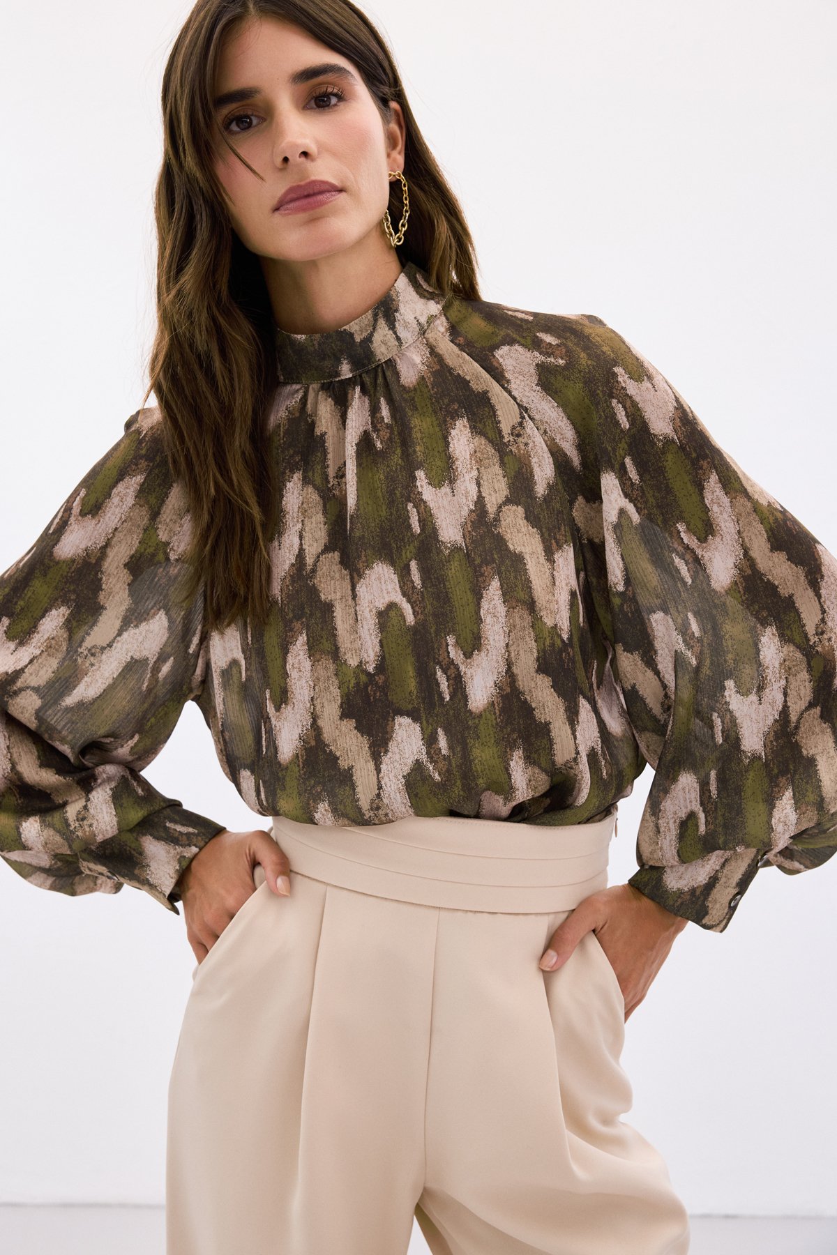 Desenli Salaş Bluz - Haki