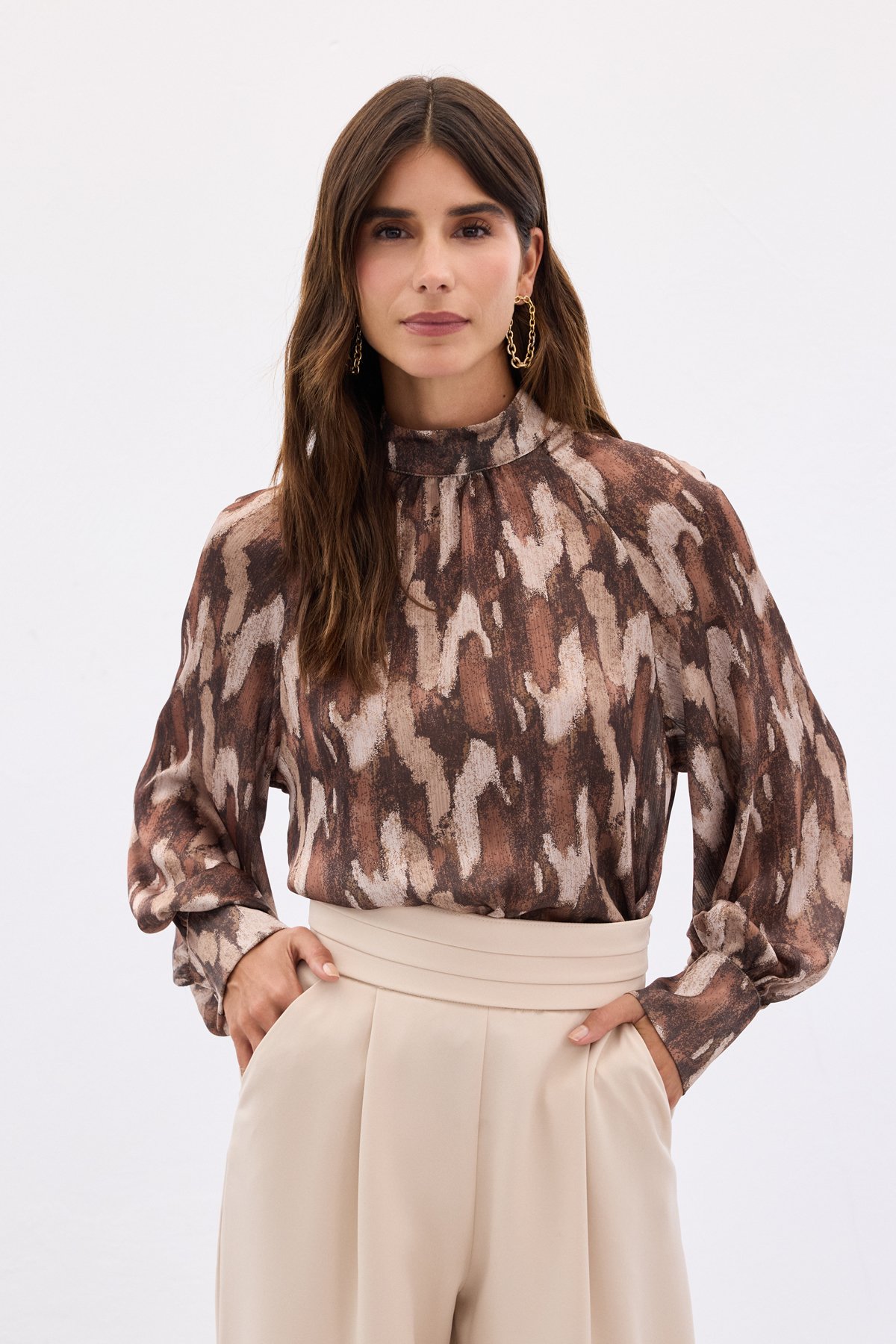 Desenli Salaş Bluz - Kahve