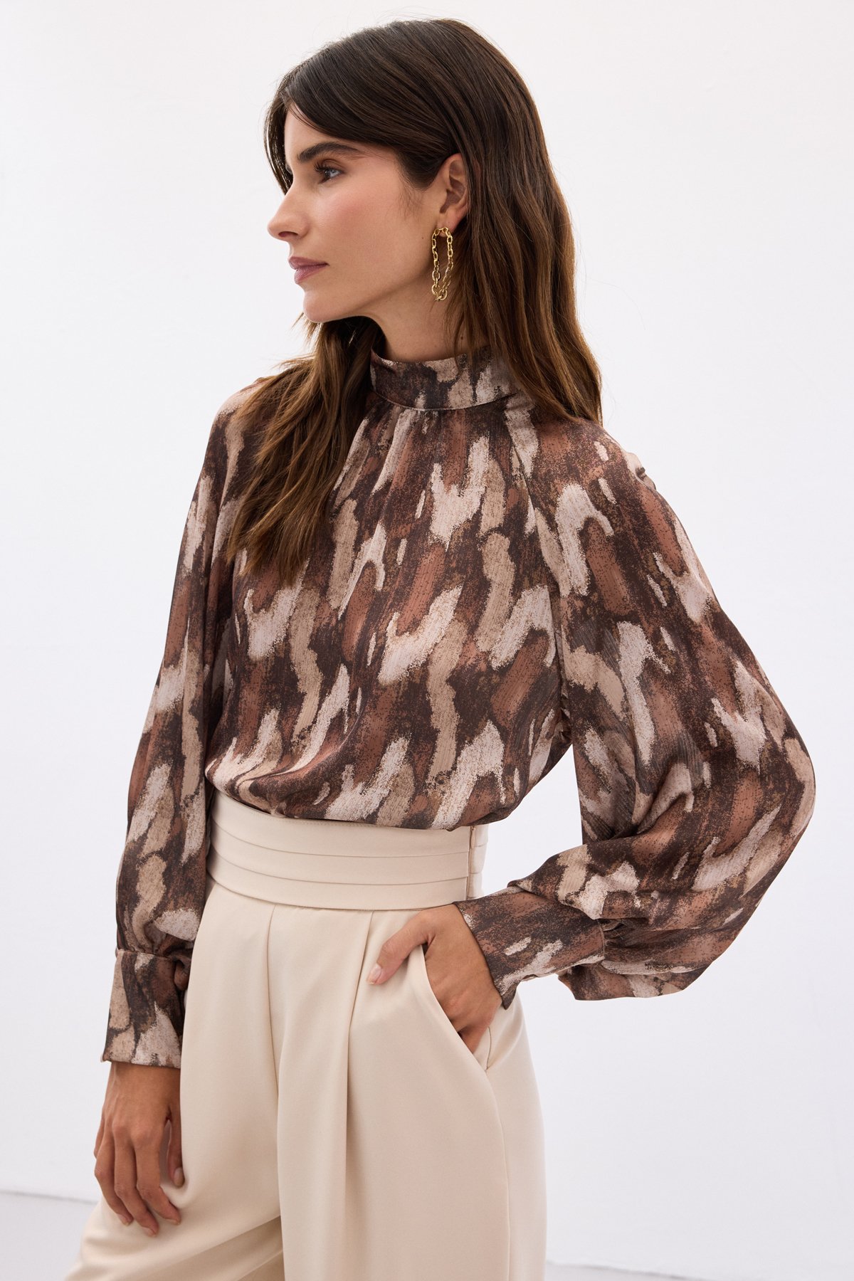 Desenli Salaş Bluz - Kahve